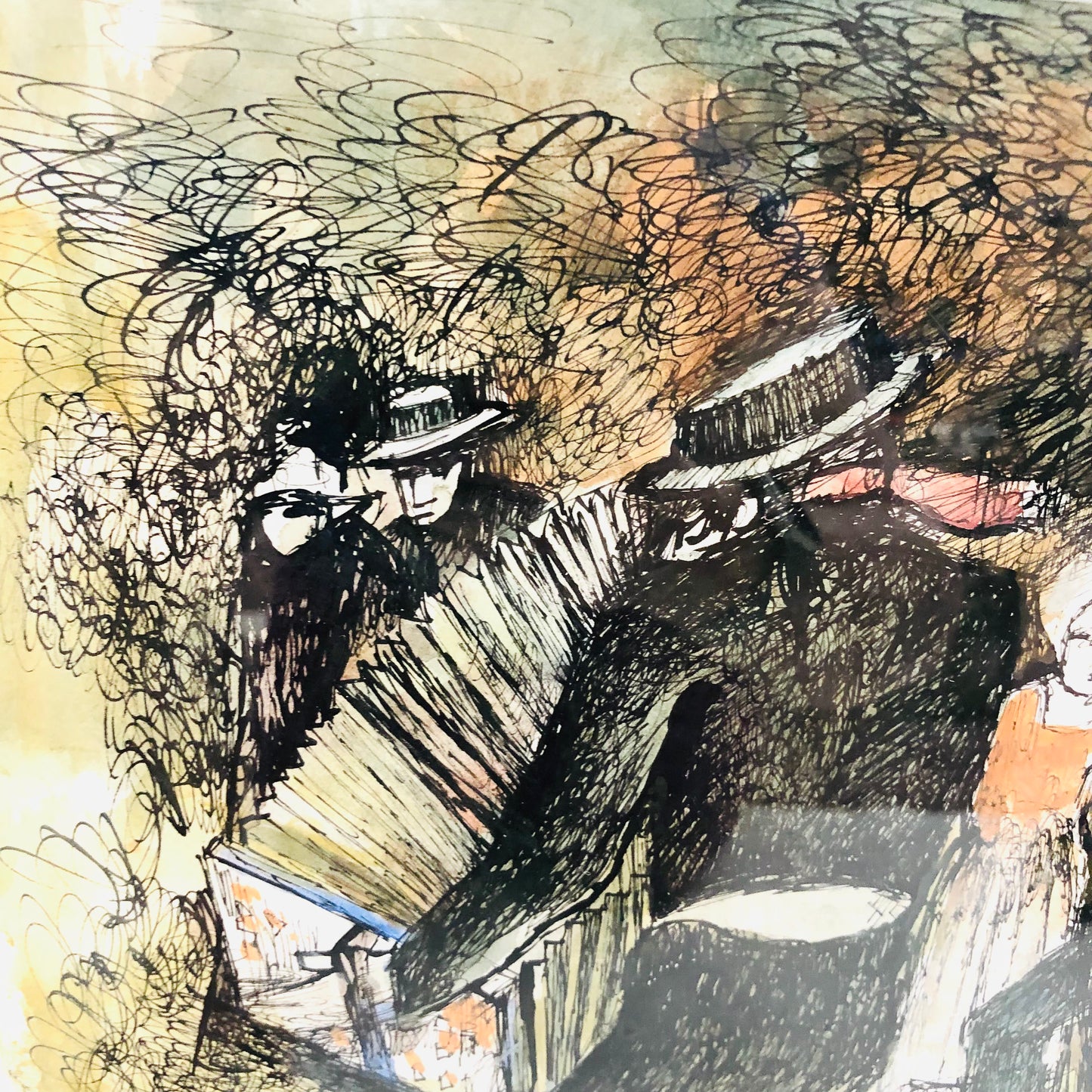 Peter Luther (b.1926) Ink & Watercolour Painting Accordion Player Framed Art