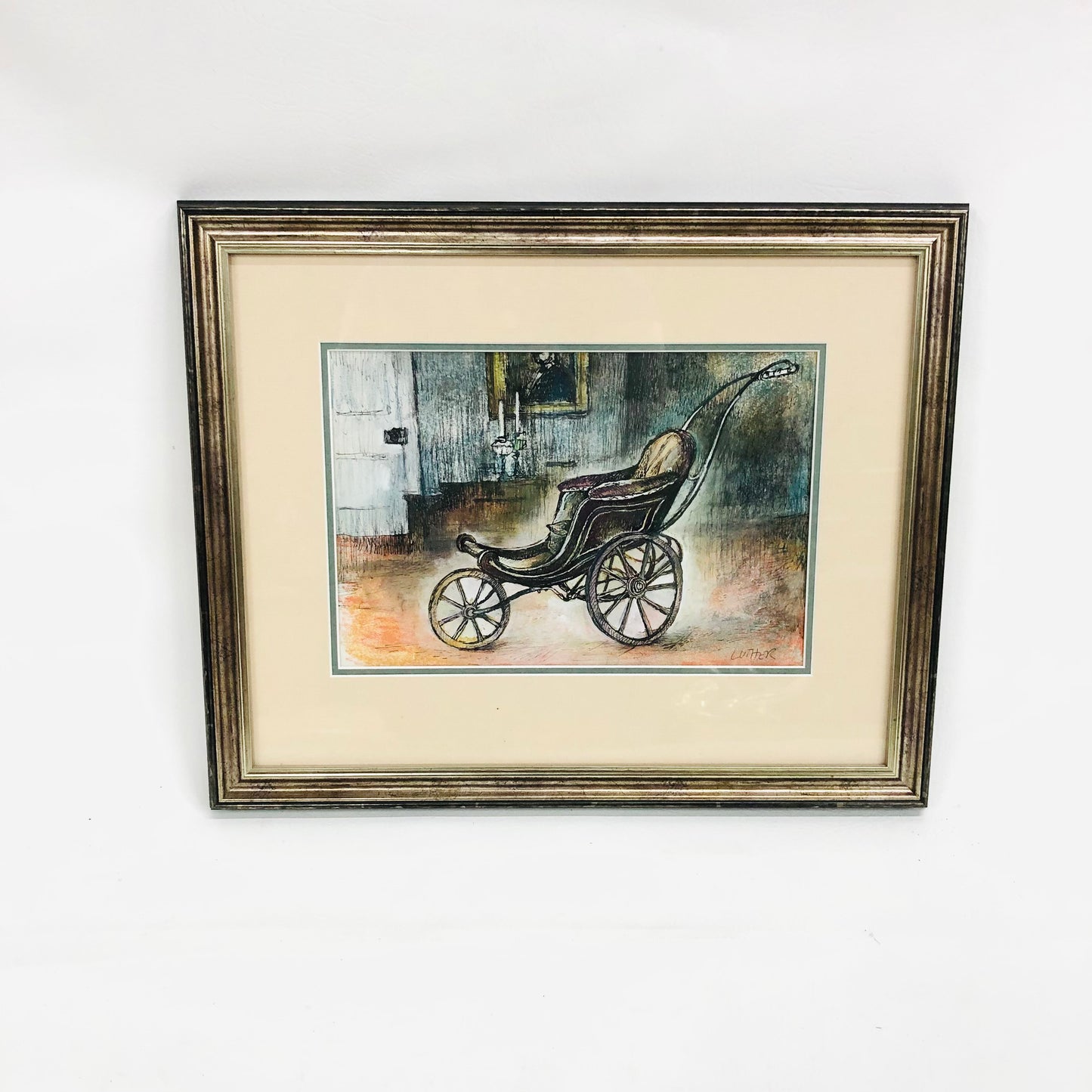 Peter Luther (b.1926) Ink & Watercolour Painting Antique Pram Framed Art