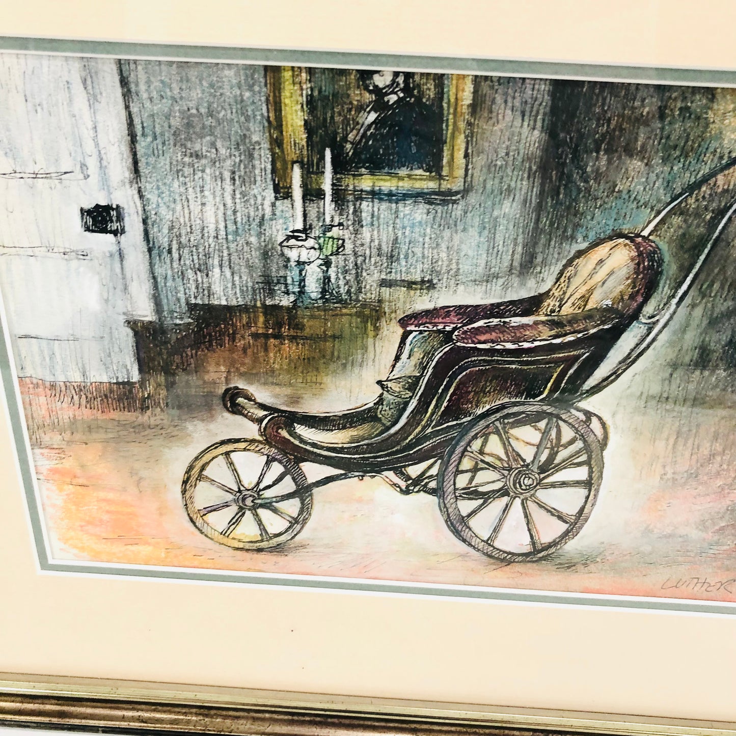 Peter Luther (b.1926) Ink & Watercolour Painting Antique Pram Framed Art