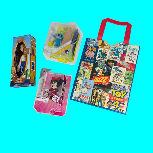 ZURU Mini Brands Disney Store Toys x4 Bundle (14 Jessie, 25 Stitch, 28 Minnie Mouse, 53 Gift Bag)