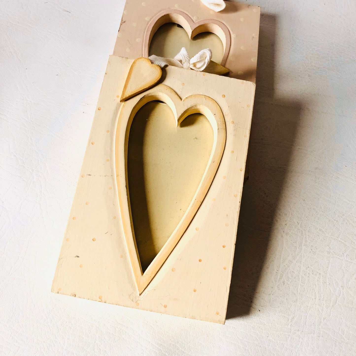 2x East Of India Wooden Pink & Cream Polka dot Wooden Heart Photo Frames