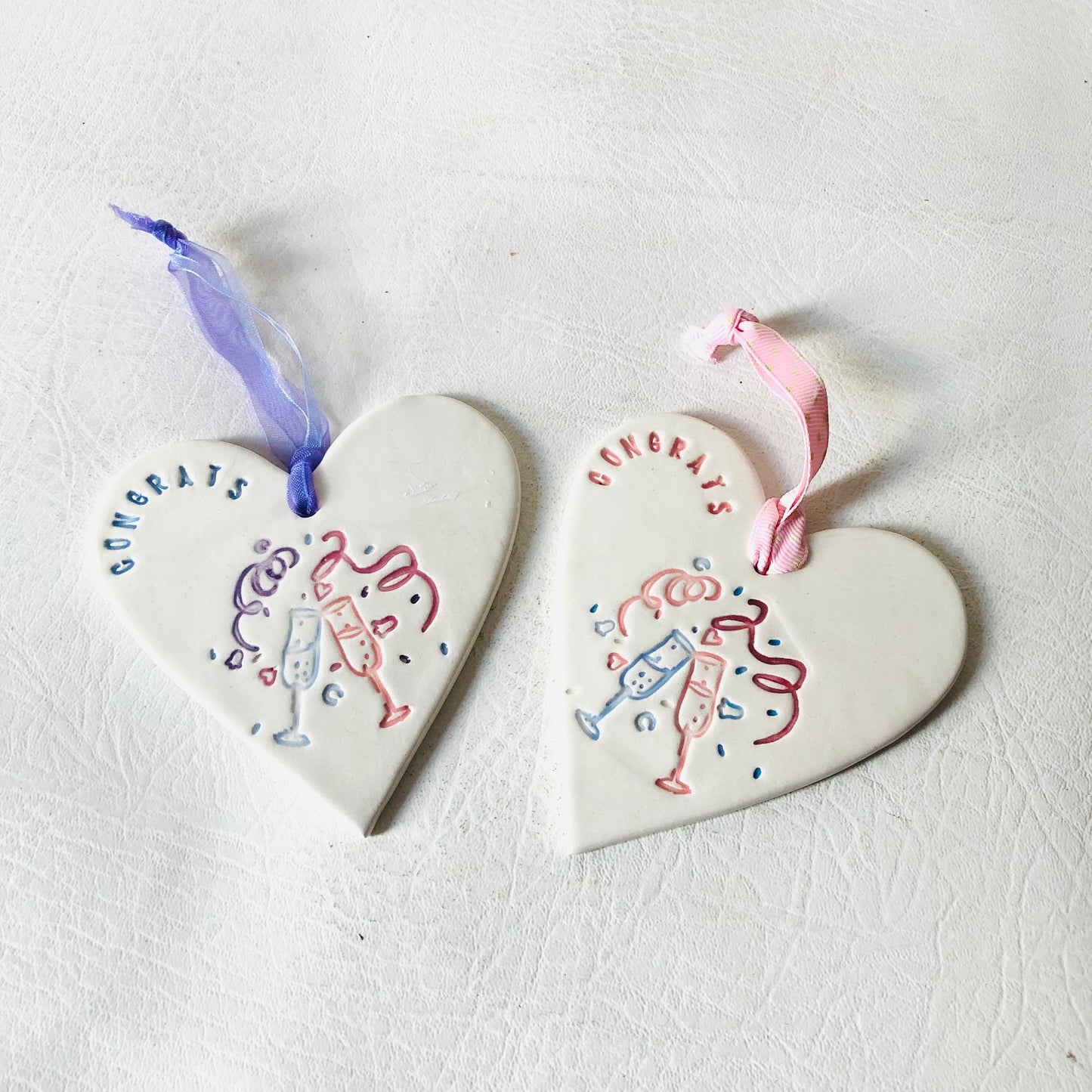 2x Ceramic Porcelain Handmade ‘Congrats’ Celebration Hearts Pink & Purple Gifts