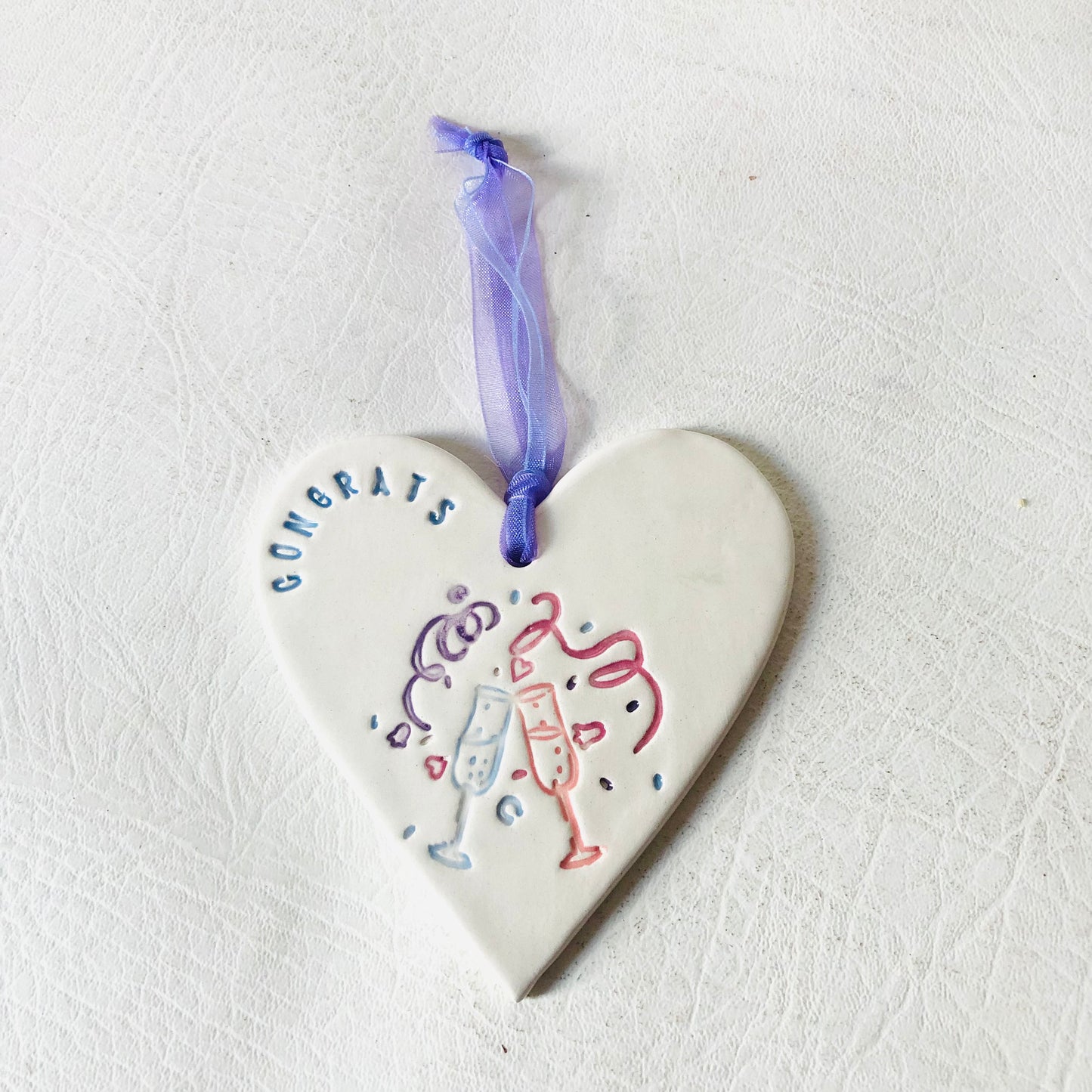 2x Ceramic Porcelain Handmade ‘Congrats’ Celebration Hearts Pink & Purple Gifts