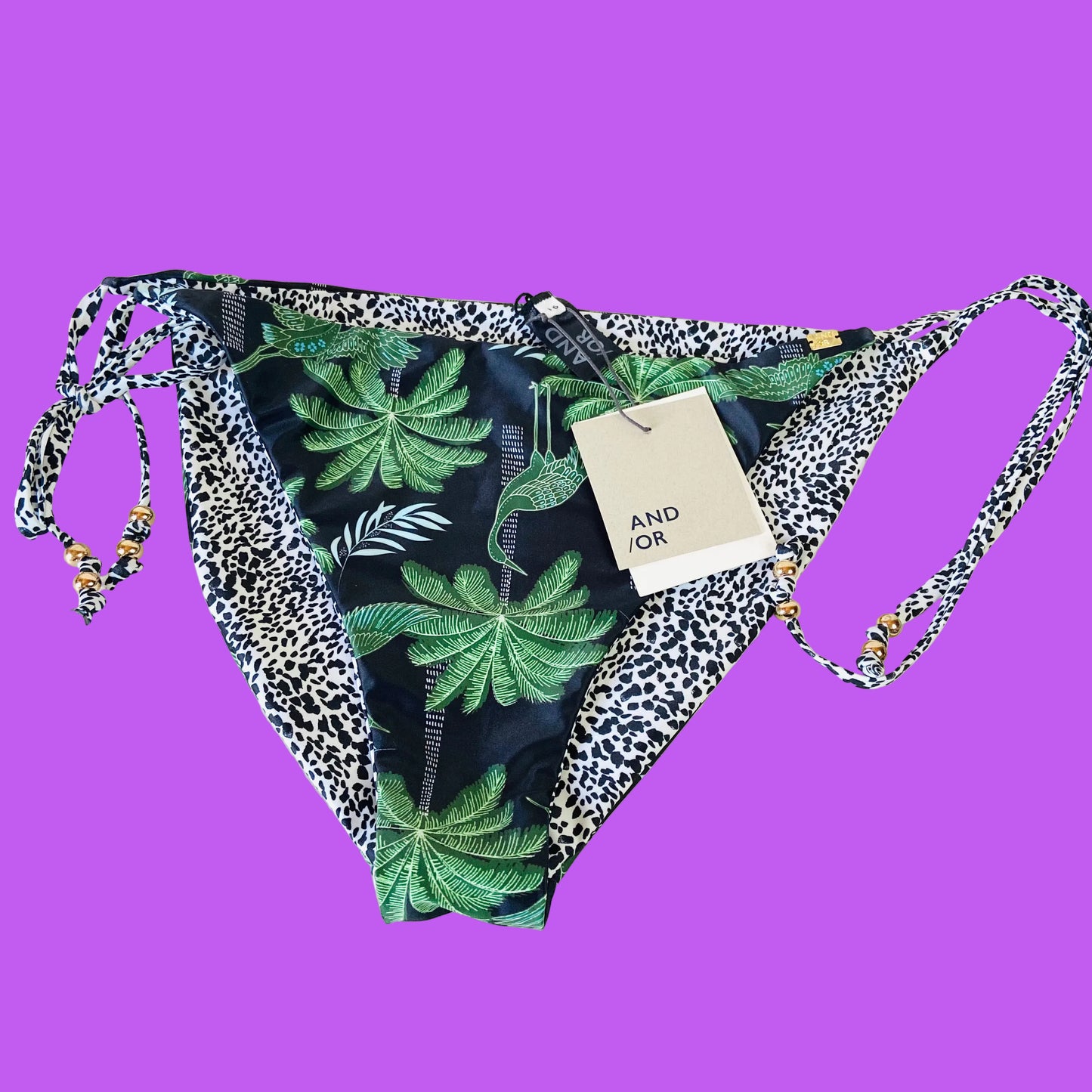 John Lewis AND/OR Tropical Crane Reversible Green & Black String Bikini Brief Bottoms Size 16 NEW