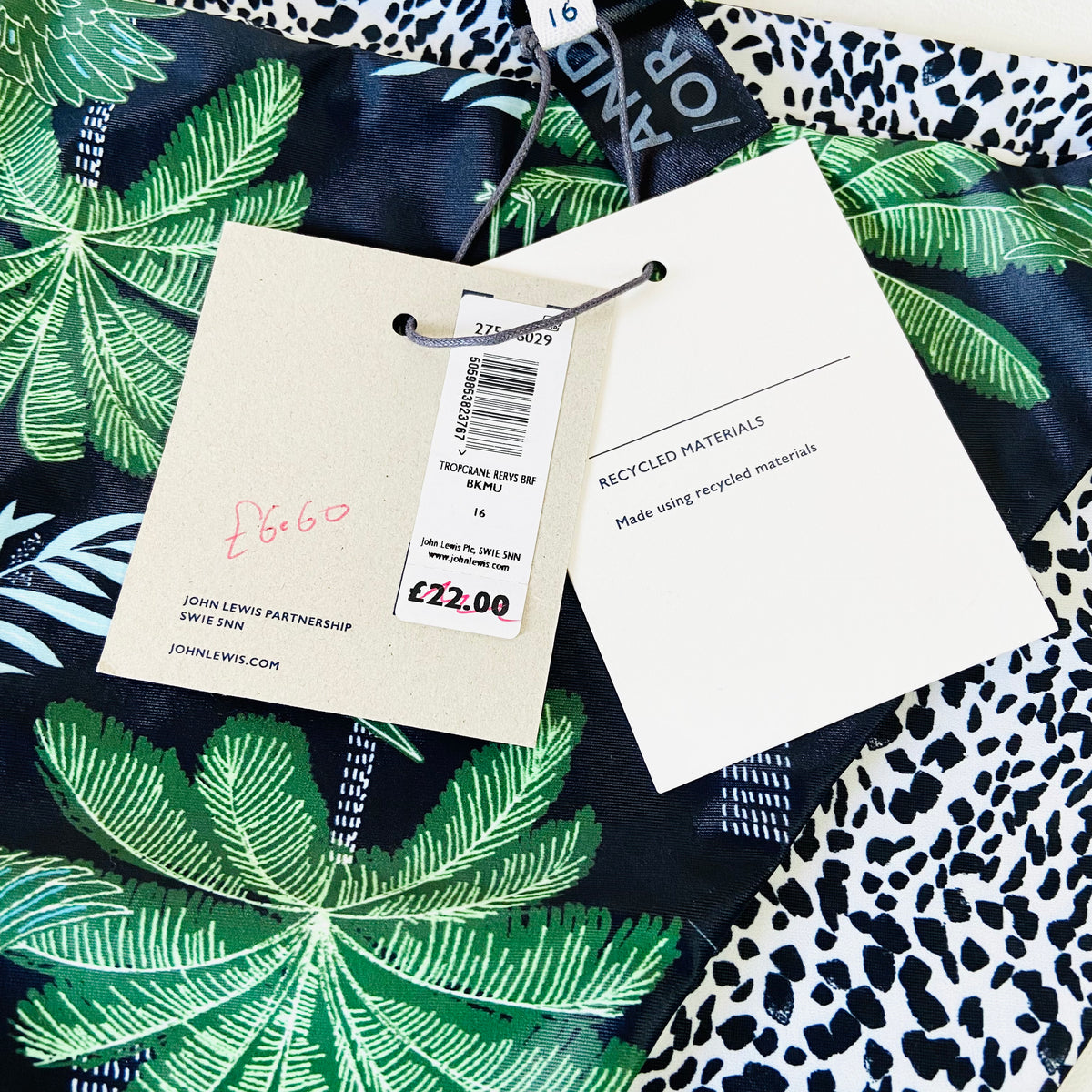 John Lewis AND/OR Tropical Crane Reversible Green & Black String Bikini Brief Bottoms Size 16 NEW