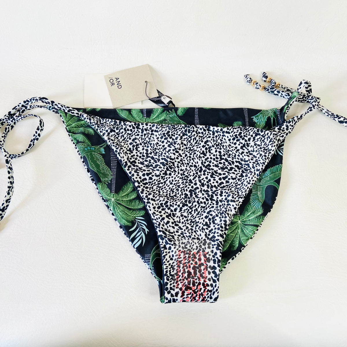 John Lewis AND/OR Tropical Crane Reversible Green & Black String Bikini Brief Bottoms Size 16 NEW