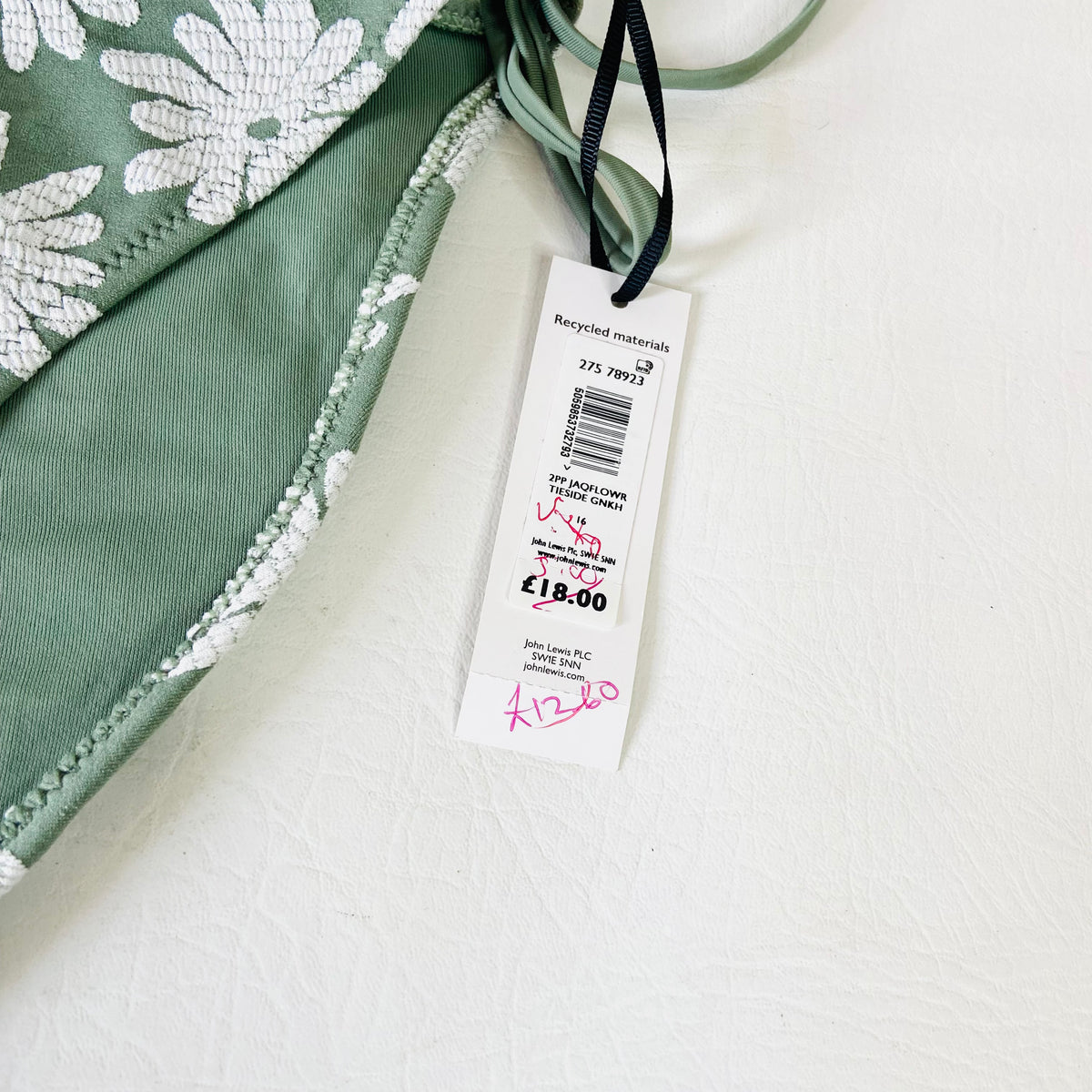John Lewis Anyday Sage Green Jacquard Floral String Bikini Brief Size 16 NEW
