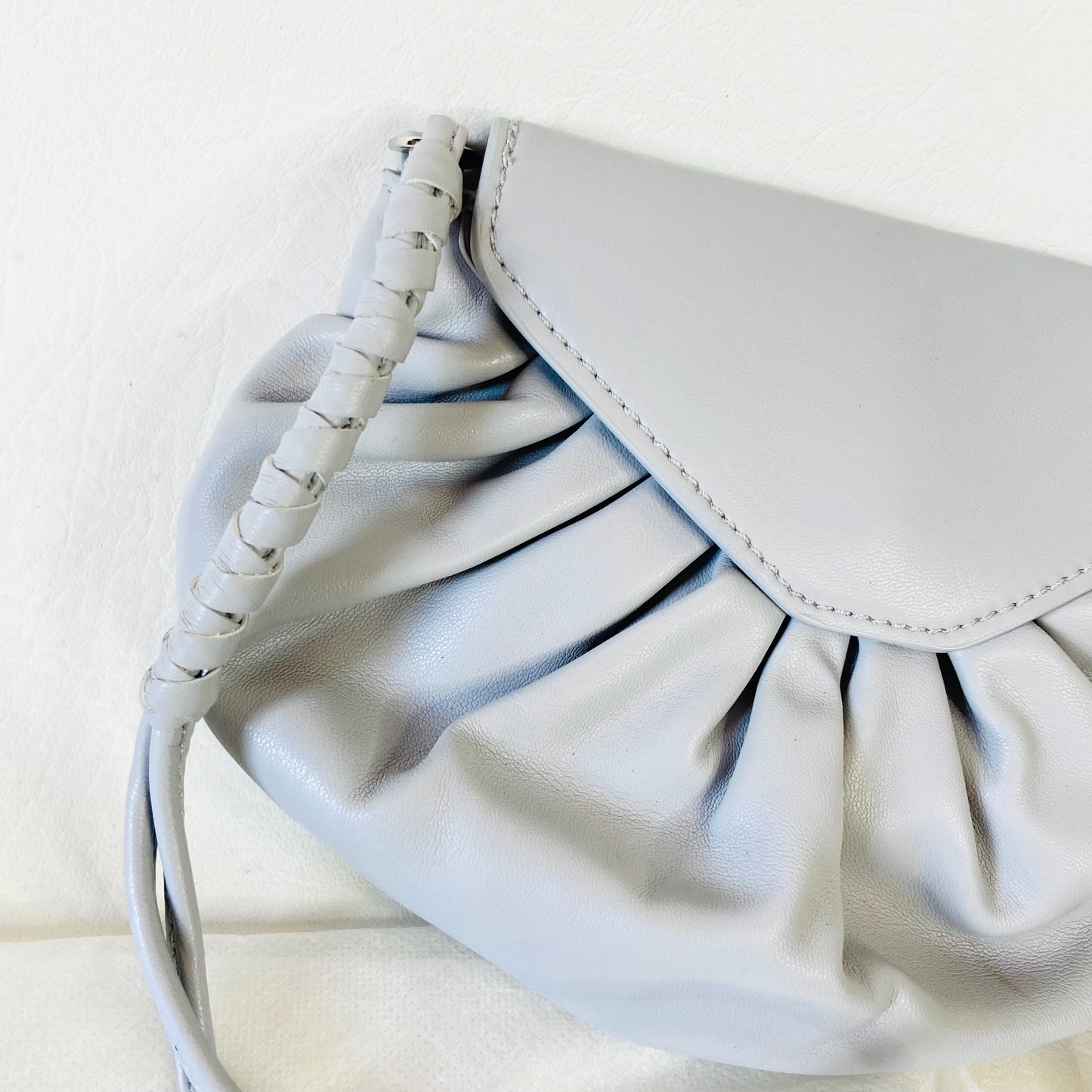 ZARA Gathered Faux Leather Light Grey Crossbody Bag Purse with Woven Strap 9"x6" (With Dustbag)