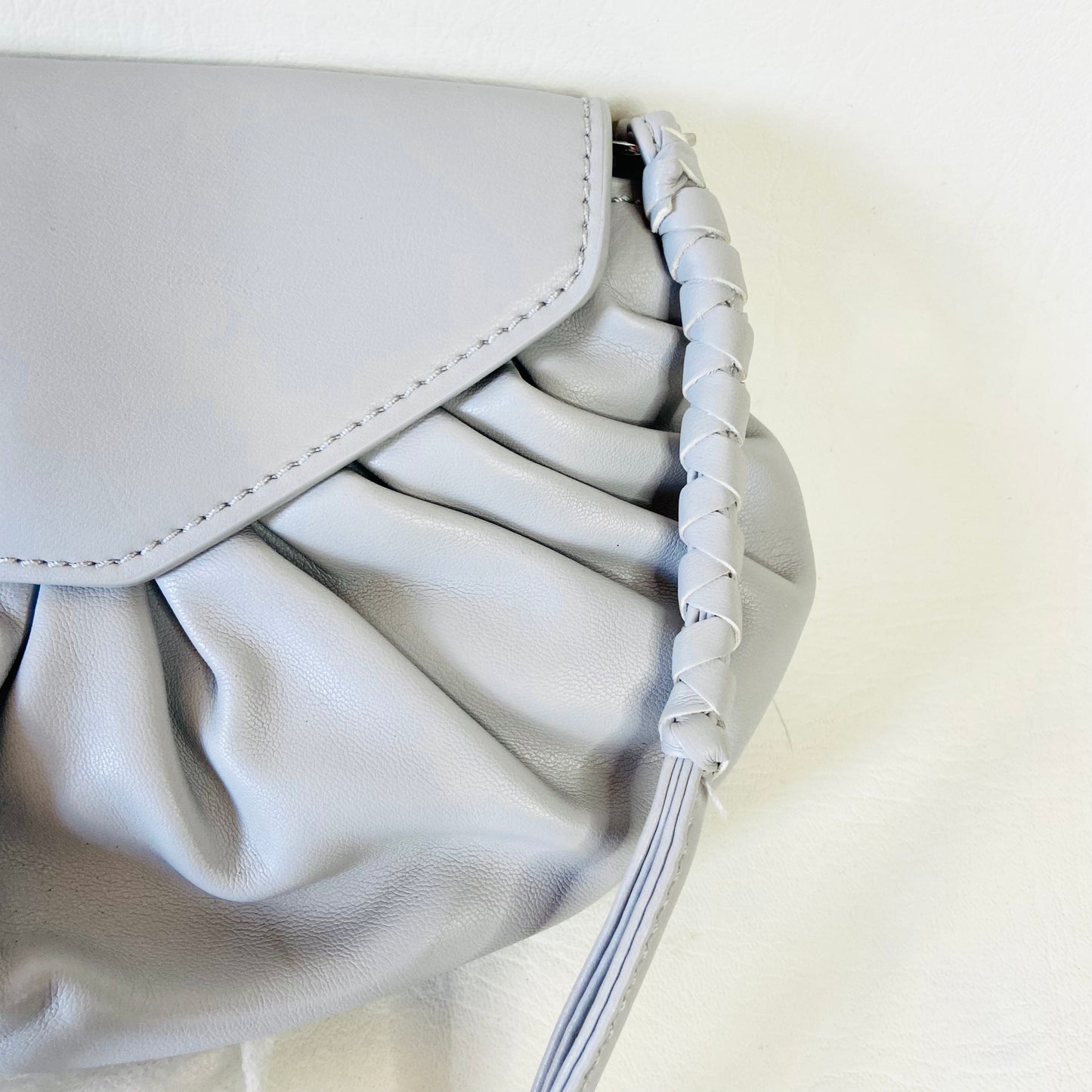 ZARA Gathered Faux Leather Light Grey Crossbody Bag Purse with Woven Strap 9"x6" (With Dustbag)