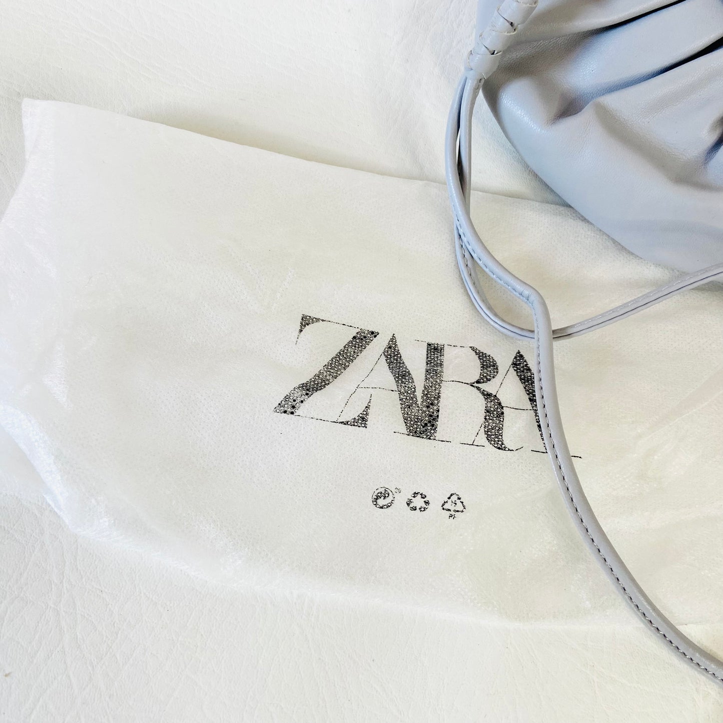 ZARA Gathered Faux Leather Light Grey Crossbody Bag Purse with Woven Strap 9"x6" (With Dustbag)