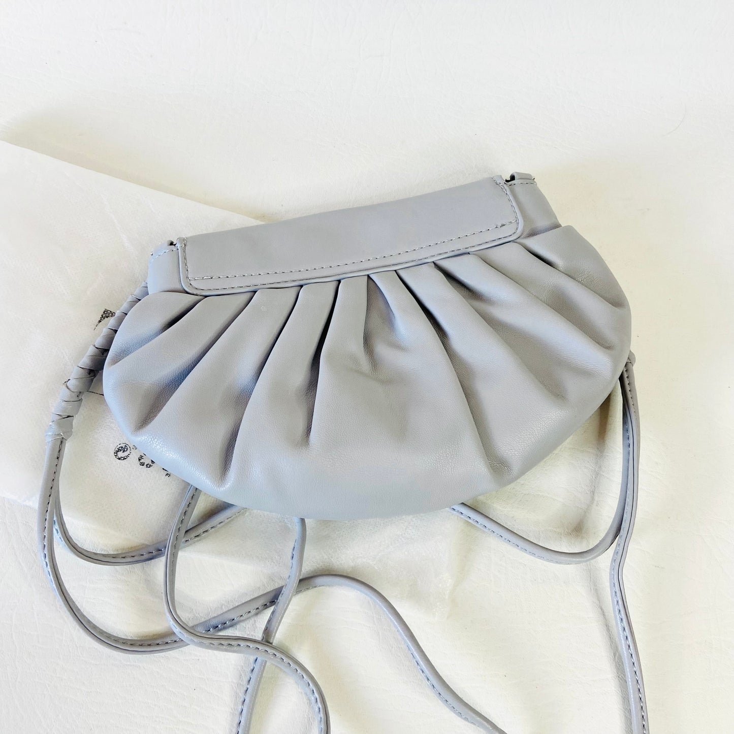 ZARA Gathered Faux Leather Light Grey Crossbody Bag Purse with Woven Strap 9"x6" (With Dustbag)