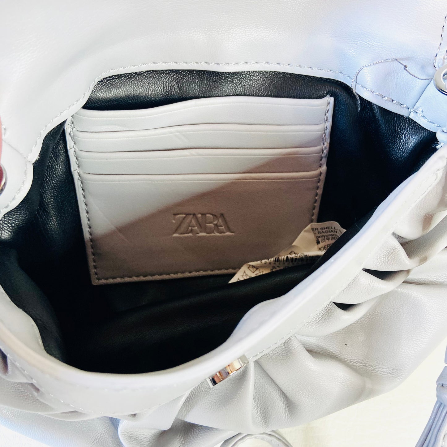 ZARA Gathered Faux Leather Light Grey Crossbody Bag Purse with Woven Strap 9"x6" (With Dustbag)