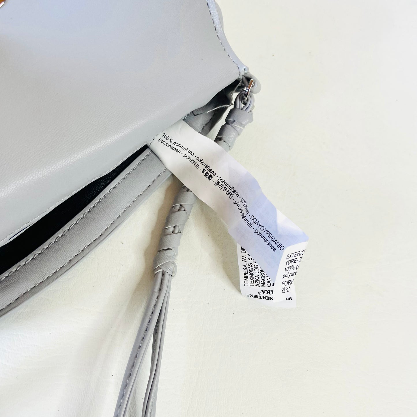 ZARA Gathered Faux Leather Light Grey Crossbody Bag Purse with Woven Strap 9"x6" (With Dustbag)