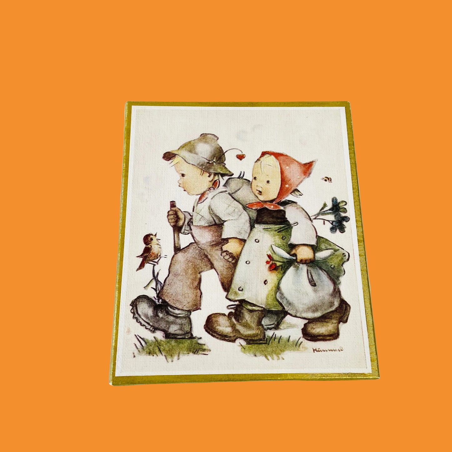 Hummel Postcard Illustration Of Boy & Girl Walking Mounted Wall Art 11 x 13cm West Germany