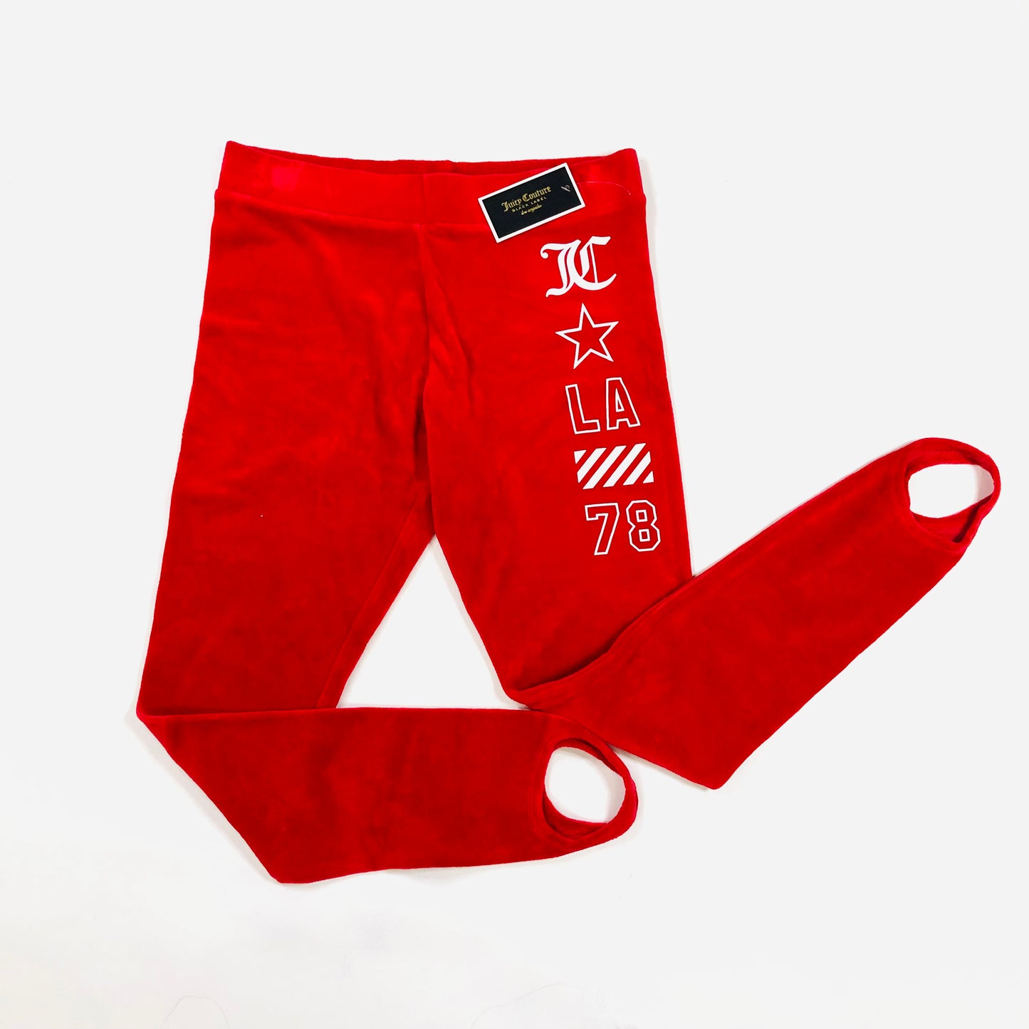 Juicy Couture Red Stirrup Velour Leggings 'LA 78' Logo Size Large NEW