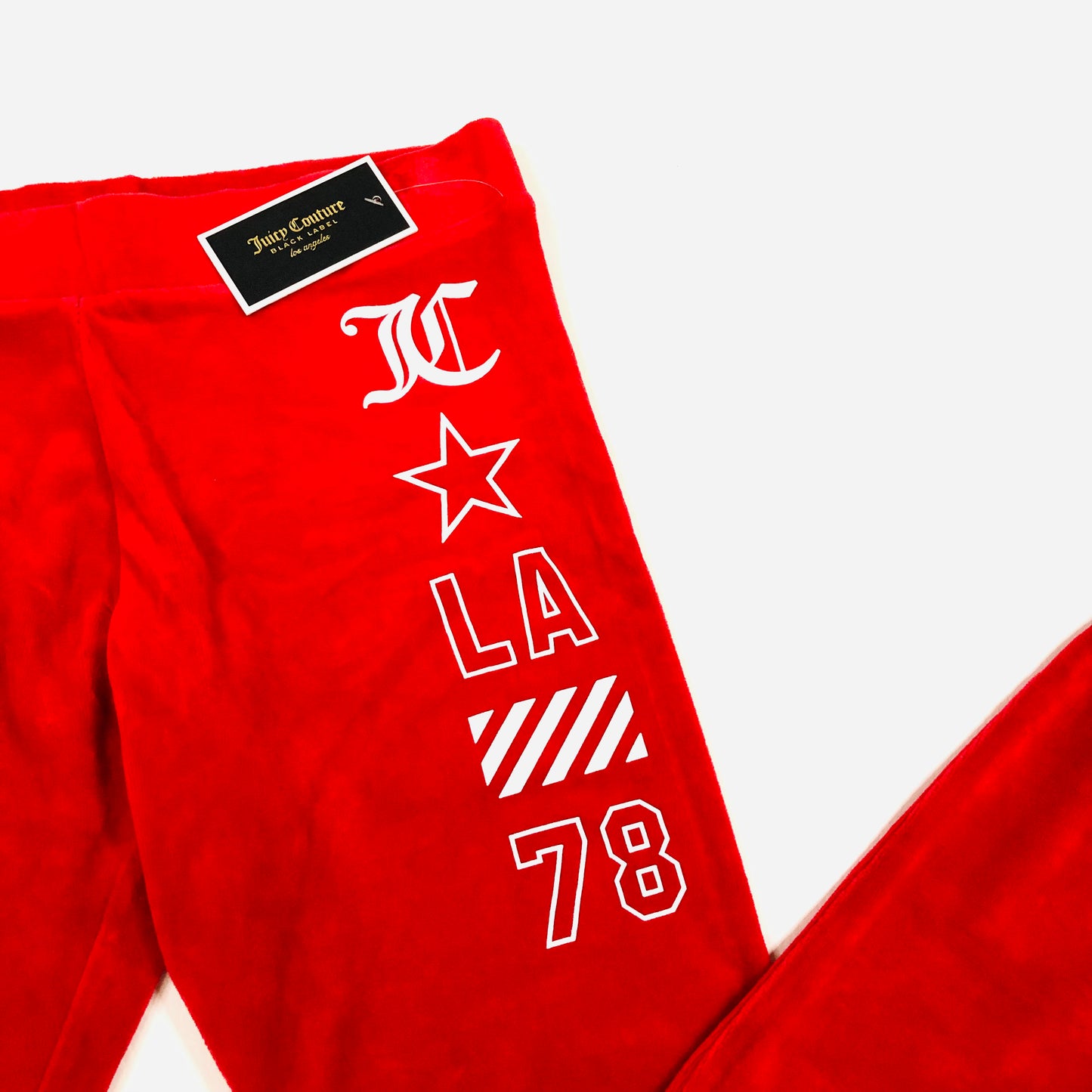 Juicy Couture Red Stirrup Velour Leggings 'LA 78' Logo Size Large NEW