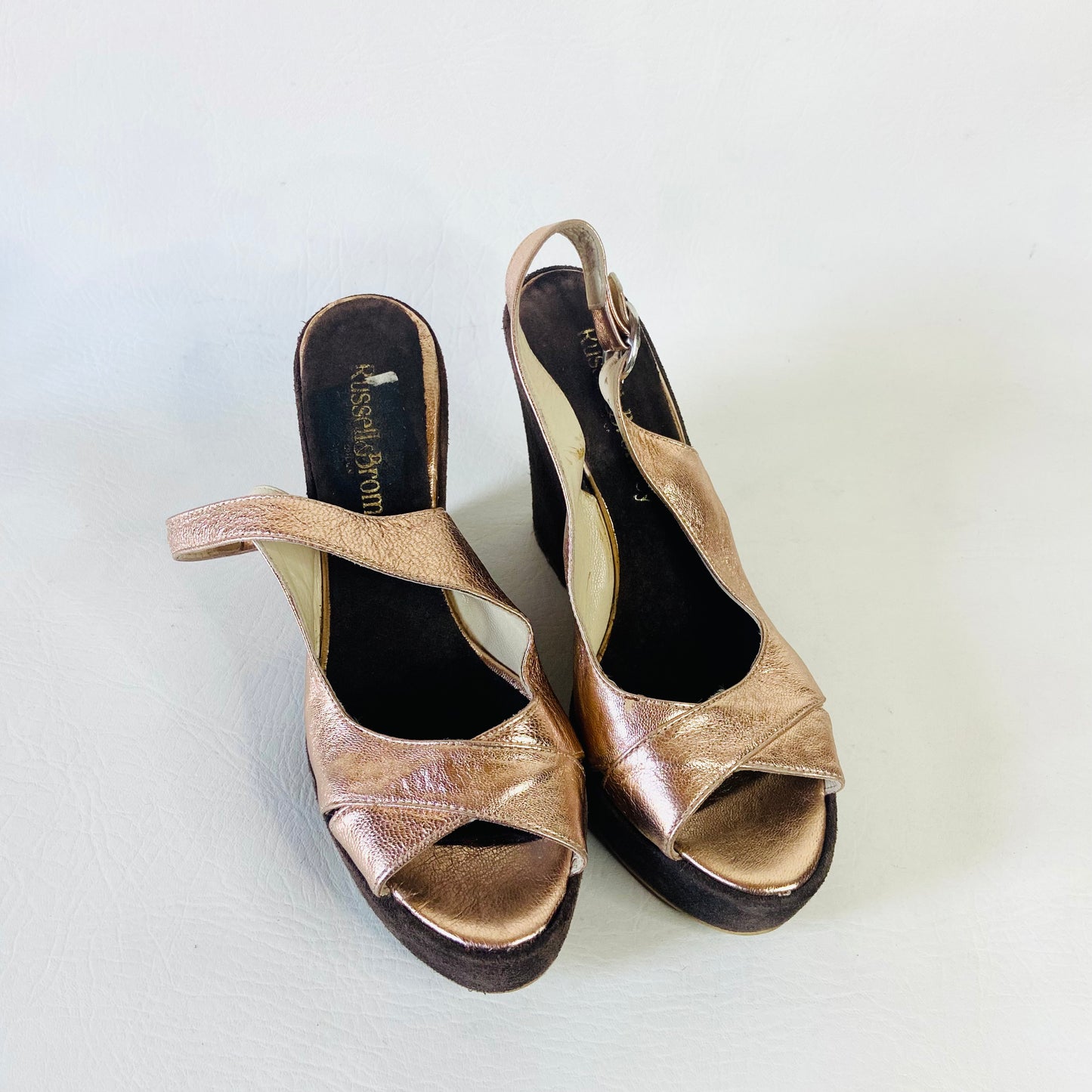 Russell & Bromley | Brown & Metallic Bronze | Leather & Suede High Wedge Heels Platforms | Disco Boho | Size 5 (38)