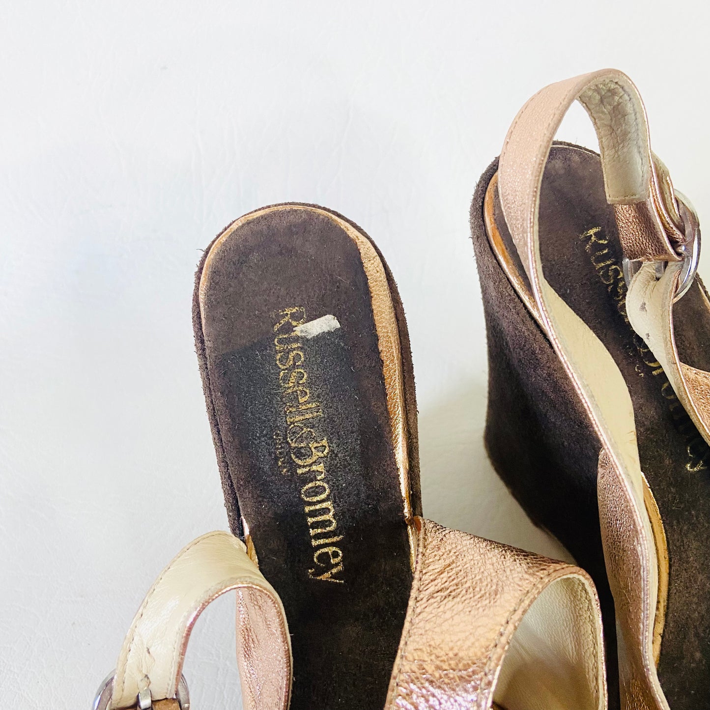 Russell & Bromley | Brown & Metallic Bronze | Leather & Suede High Wedge Heels Platforms | Disco Boho | Size 5 (38)