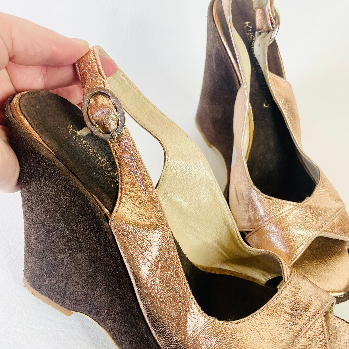 Russell & Bromley | Brown & Metallic Bronze | Leather & Suede High Wedge Heels Platforms | Disco Boho | Size 5 (38)