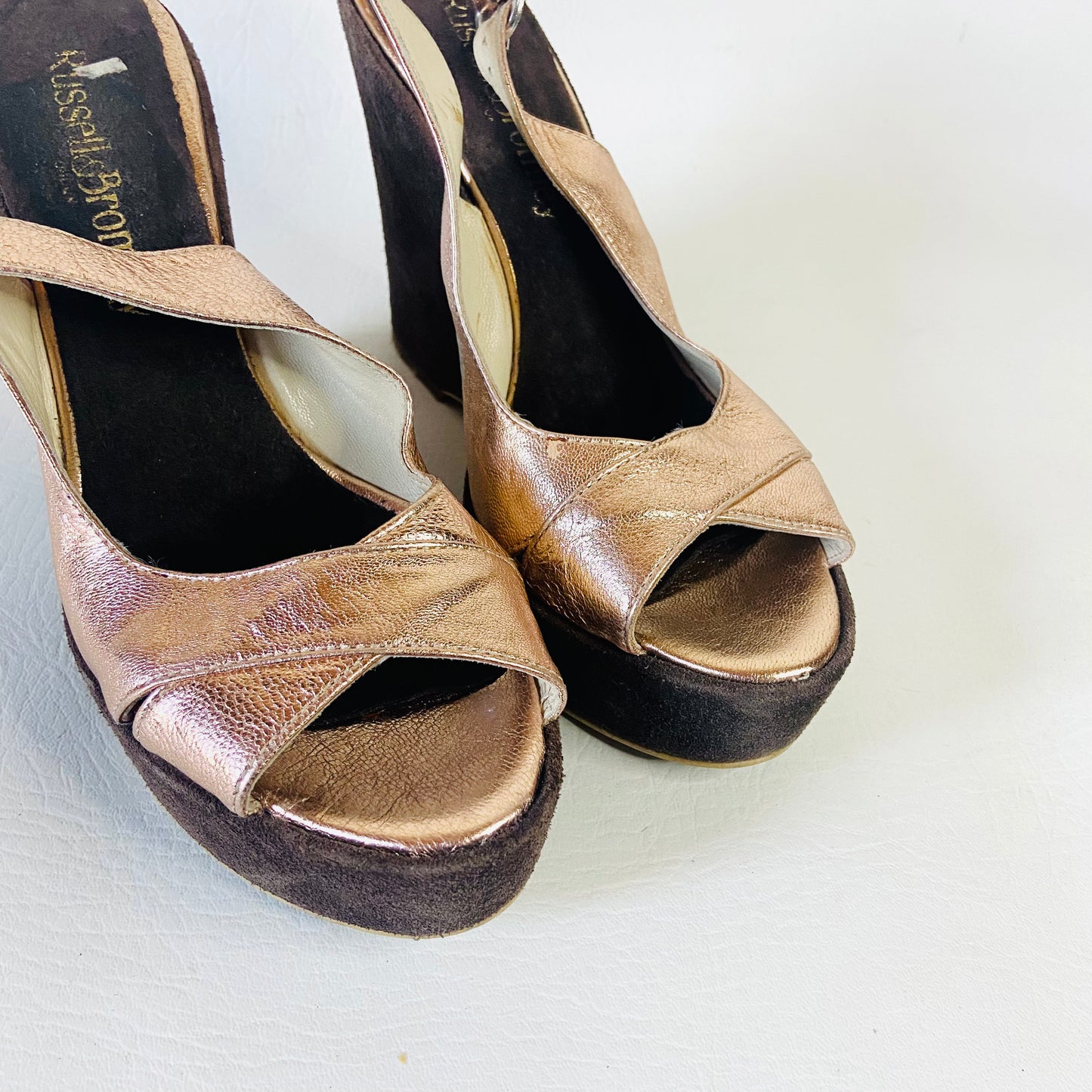 Russell & Bromley | Brown & Metallic Bronze | Leather & Suede High Wedge Heels Platforms | Disco Boho | Size 5 (38)