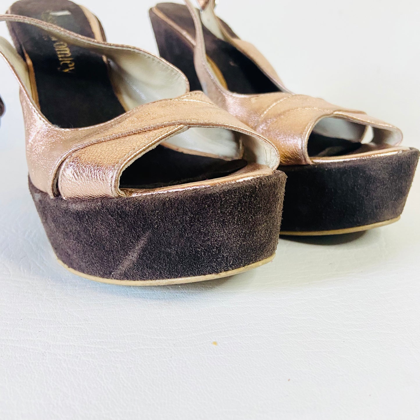 Russell & Bromley | Brown & Metallic Bronze | Leather & Suede High Wedge Heels Platforms | Disco Boho | Size 5 (38)