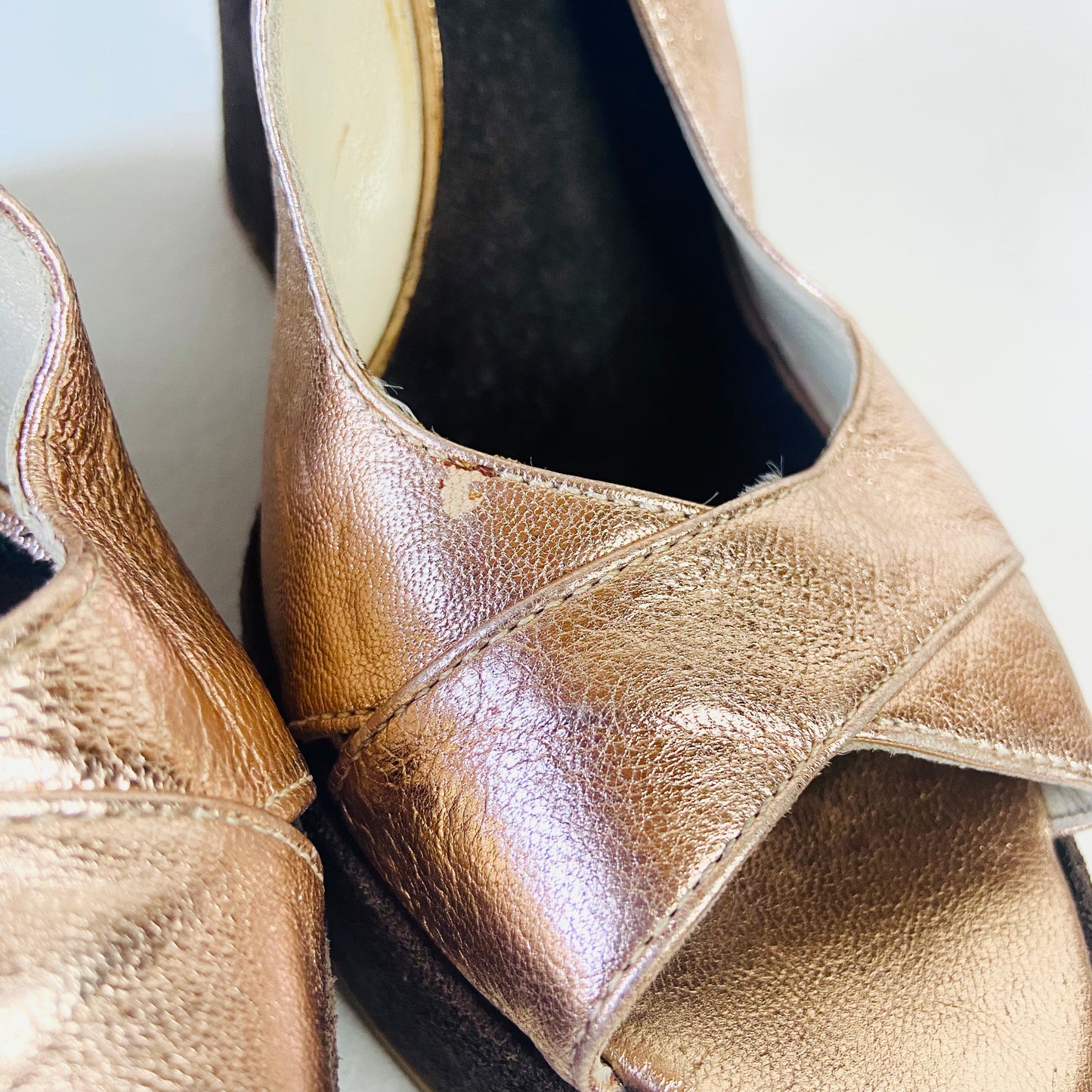 Russell & Bromley | Brown & Metallic Bronze | Leather & Suede High Wedge Heels Platforms | Disco Boho | Size 5 (38)