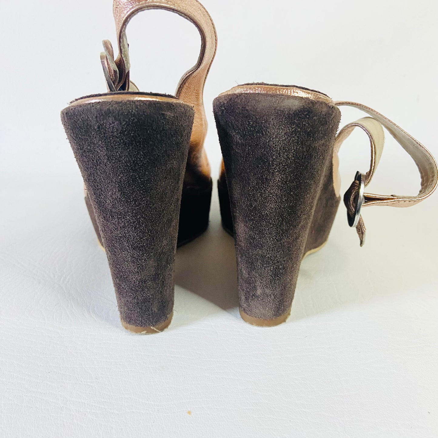 Russell & Bromley | Brown & Metallic Bronze | Leather & Suede High Wedge Heels Platforms | Disco Boho | Size 5 (38)