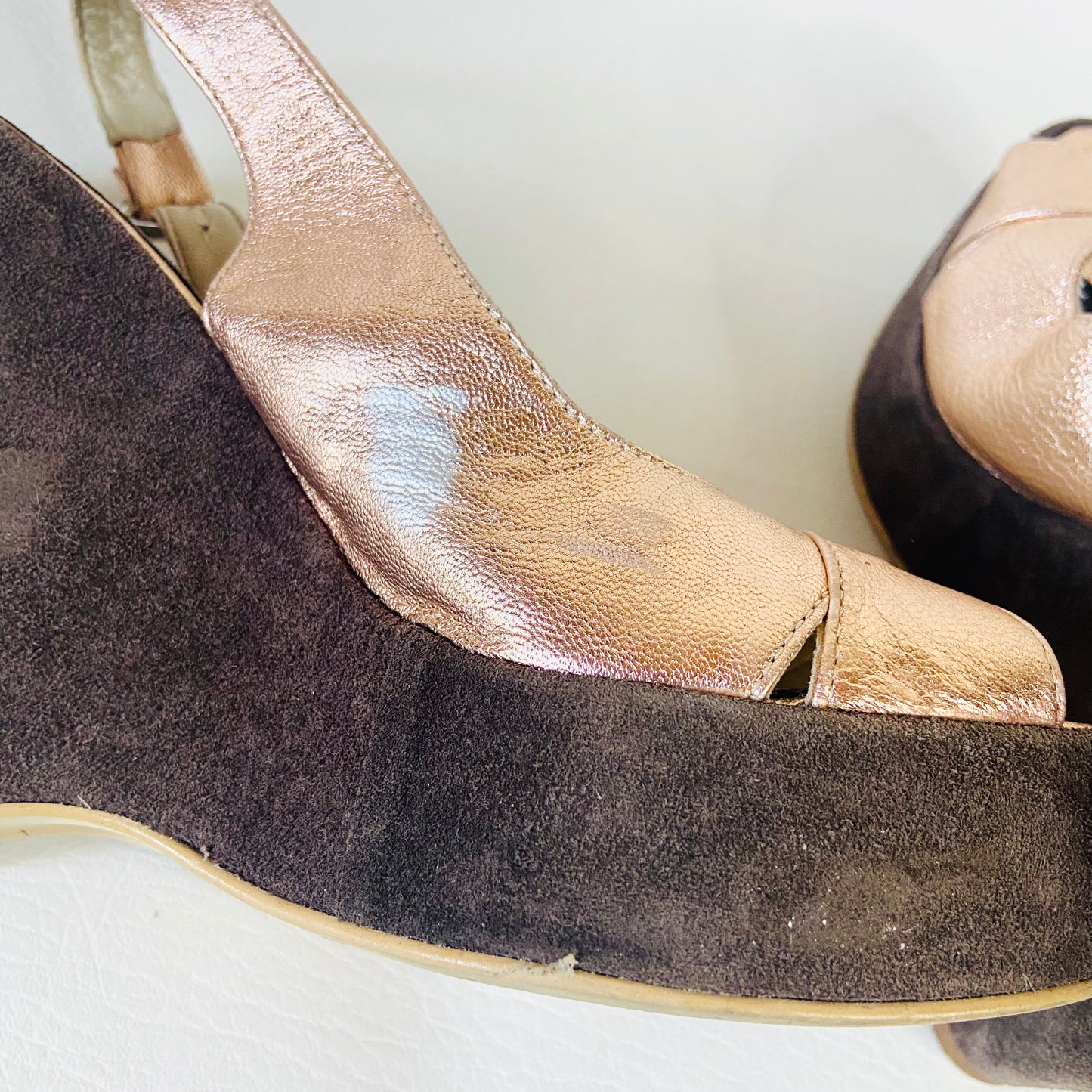 Russell & Bromley | Brown & Metallic Bronze | Leather & Suede High Wedge Heels Platforms | Disco Boho | Size 5 (38)