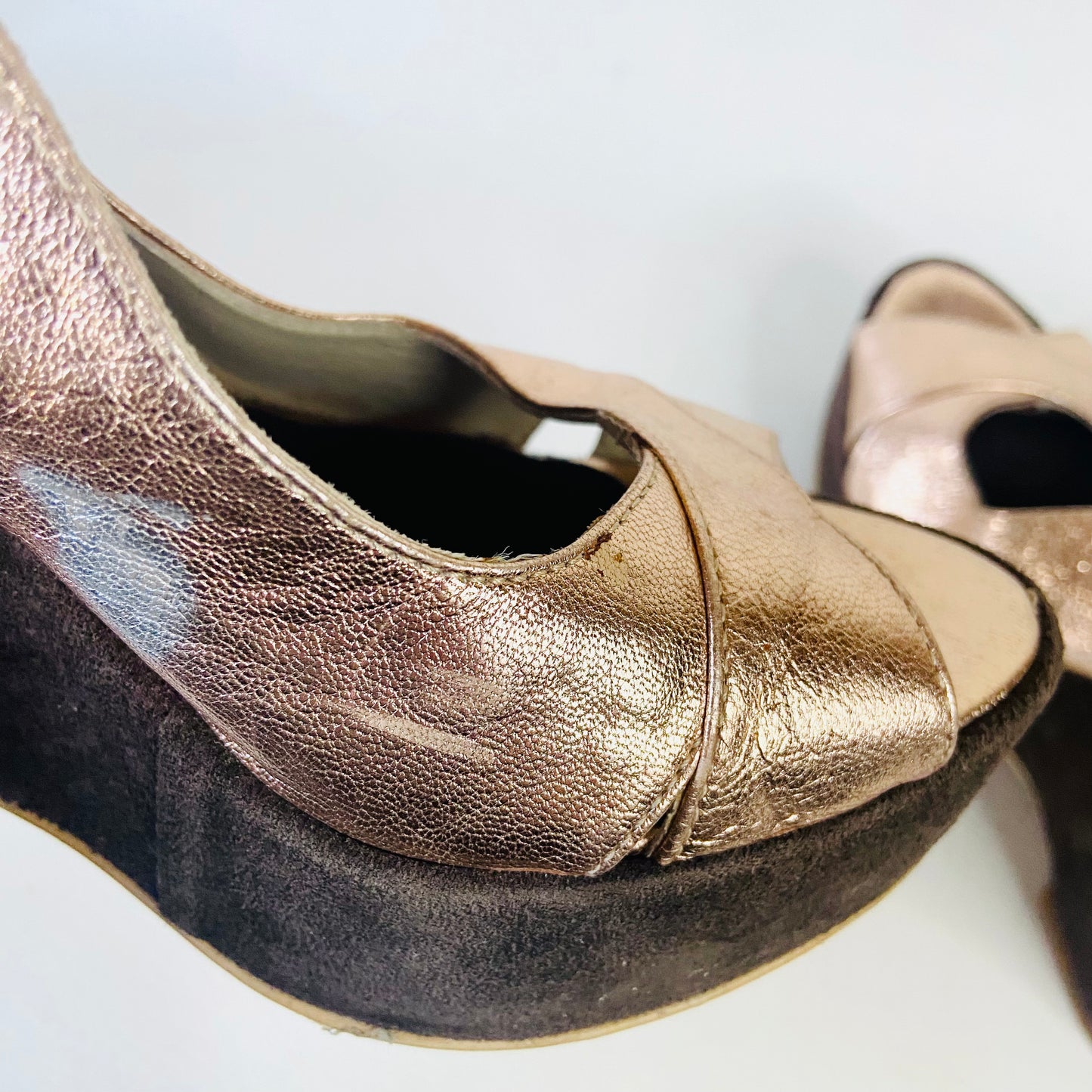 Russell & Bromley | Brown & Metallic Bronze | Leather & Suede High Wedge Heels Platforms | Disco Boho | Size 5 (38)