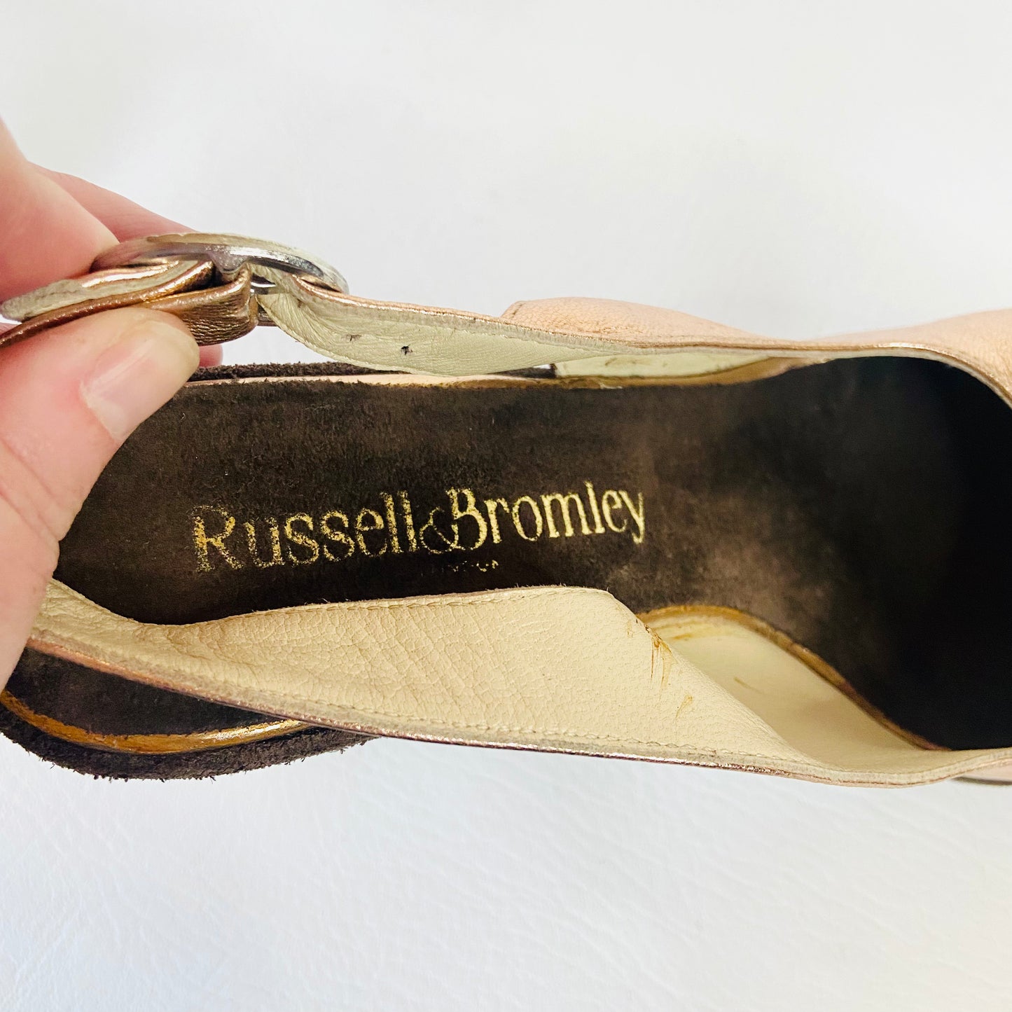 Russell & Bromley | Brown & Metallic Bronze | Leather & Suede High Wedge Heels Platforms | Disco Boho | Size 5 (38)