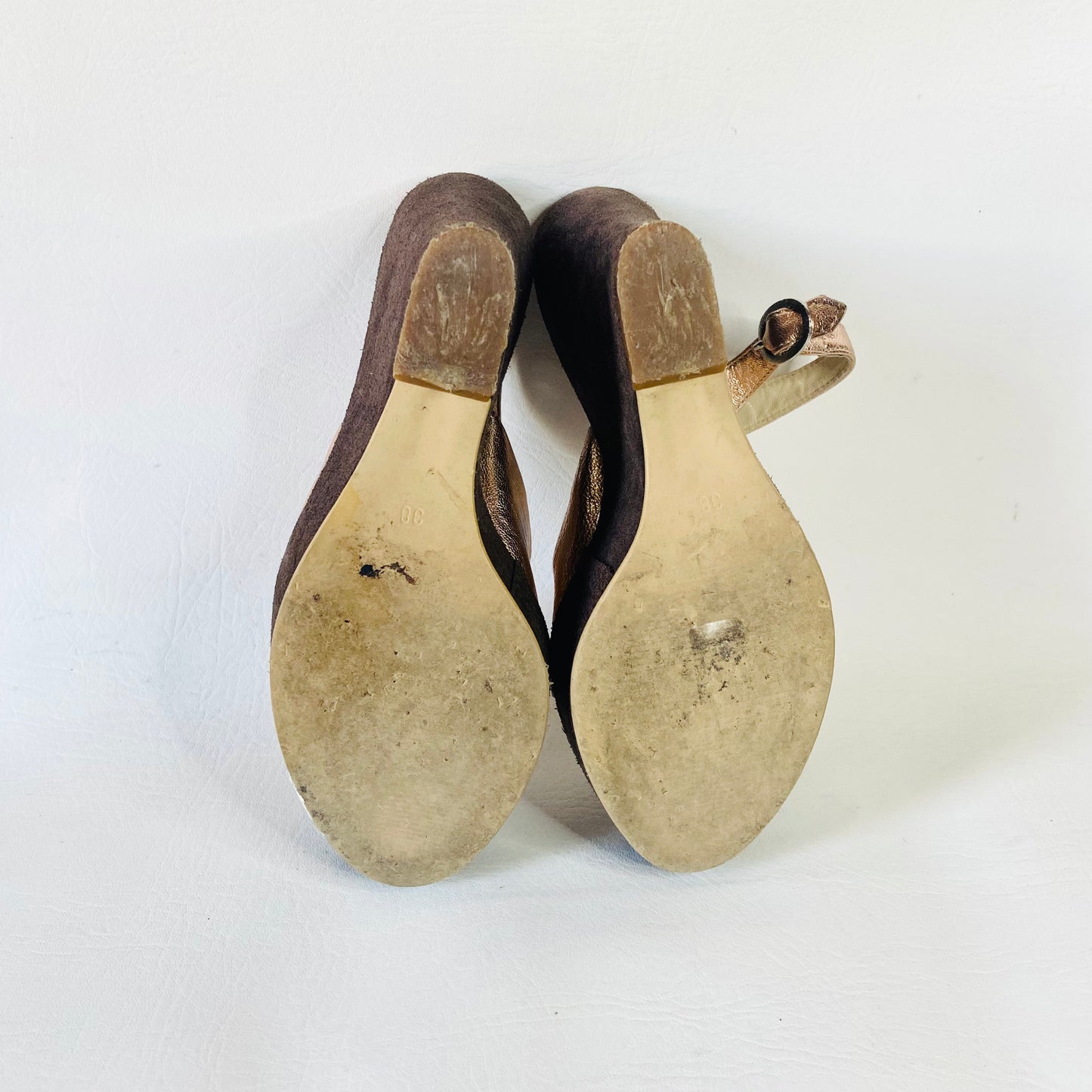 Russell & Bromley | Brown & Metallic Bronze | Leather & Suede High Wedge Heels Platforms | Disco Boho | Size 5 (38)