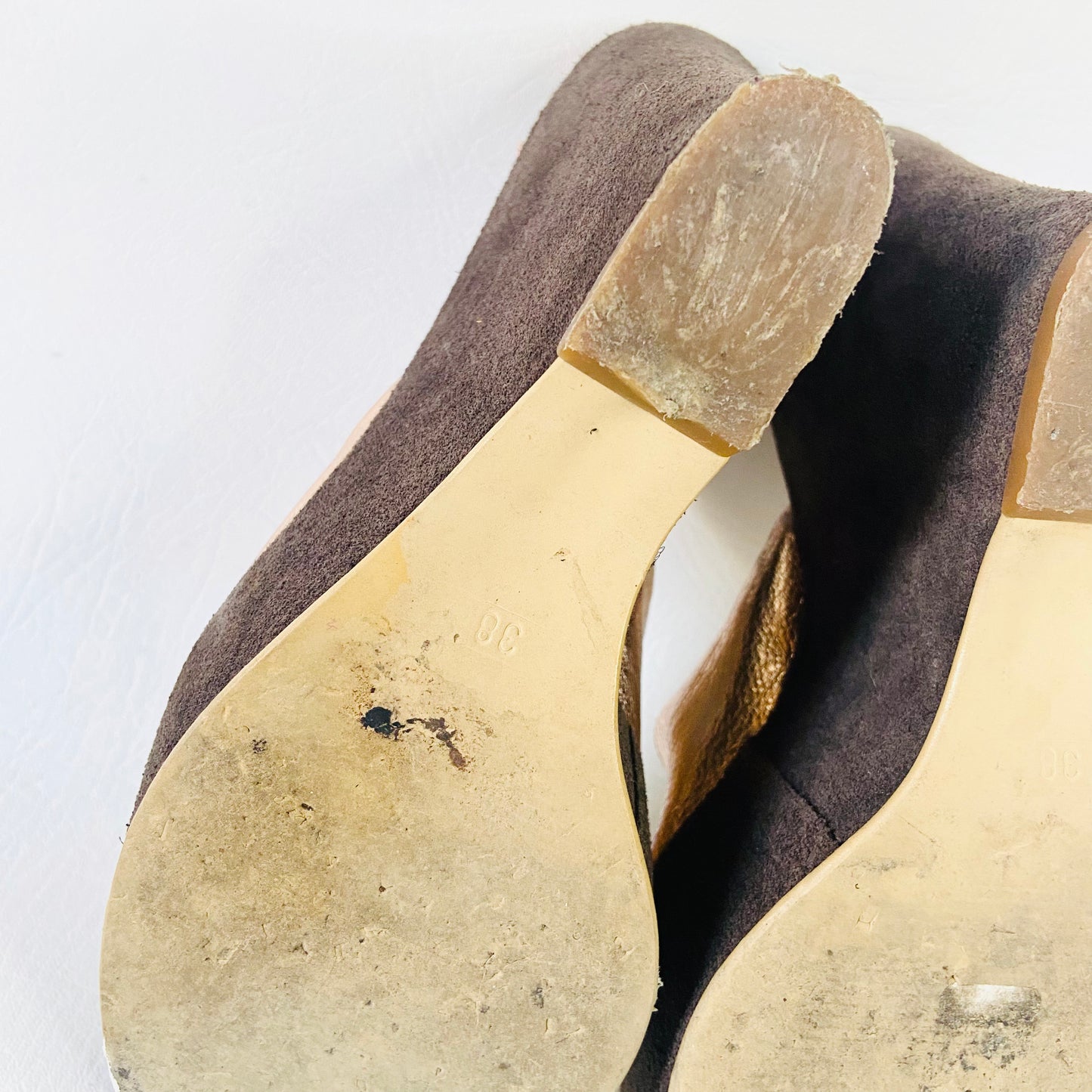 Russell & Bromley | Brown & Metallic Bronze | Leather & Suede High Wedge Heels Platforms | Disco Boho | Size 5 (38)