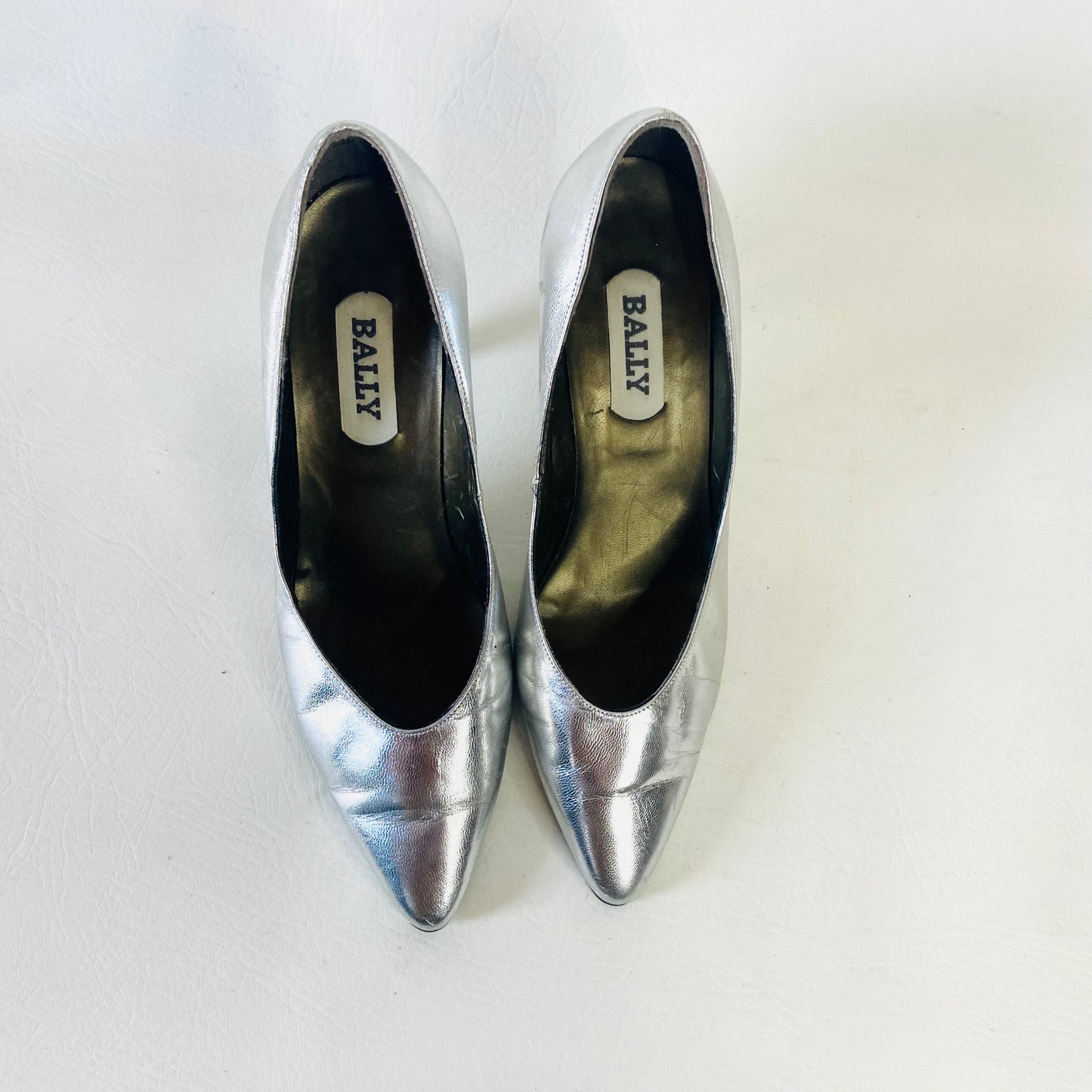 Bally |  Silver Metallic Leather High Heel Stiletto Court Shoes | Vintage 1980s | Disco Glam | Size 5 (38)