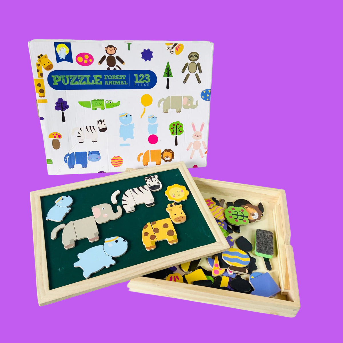 Traditional Wooden Childrens Animal Puzzle | Magnetic | Chalkboard | Whiteboard | 123 Pieces