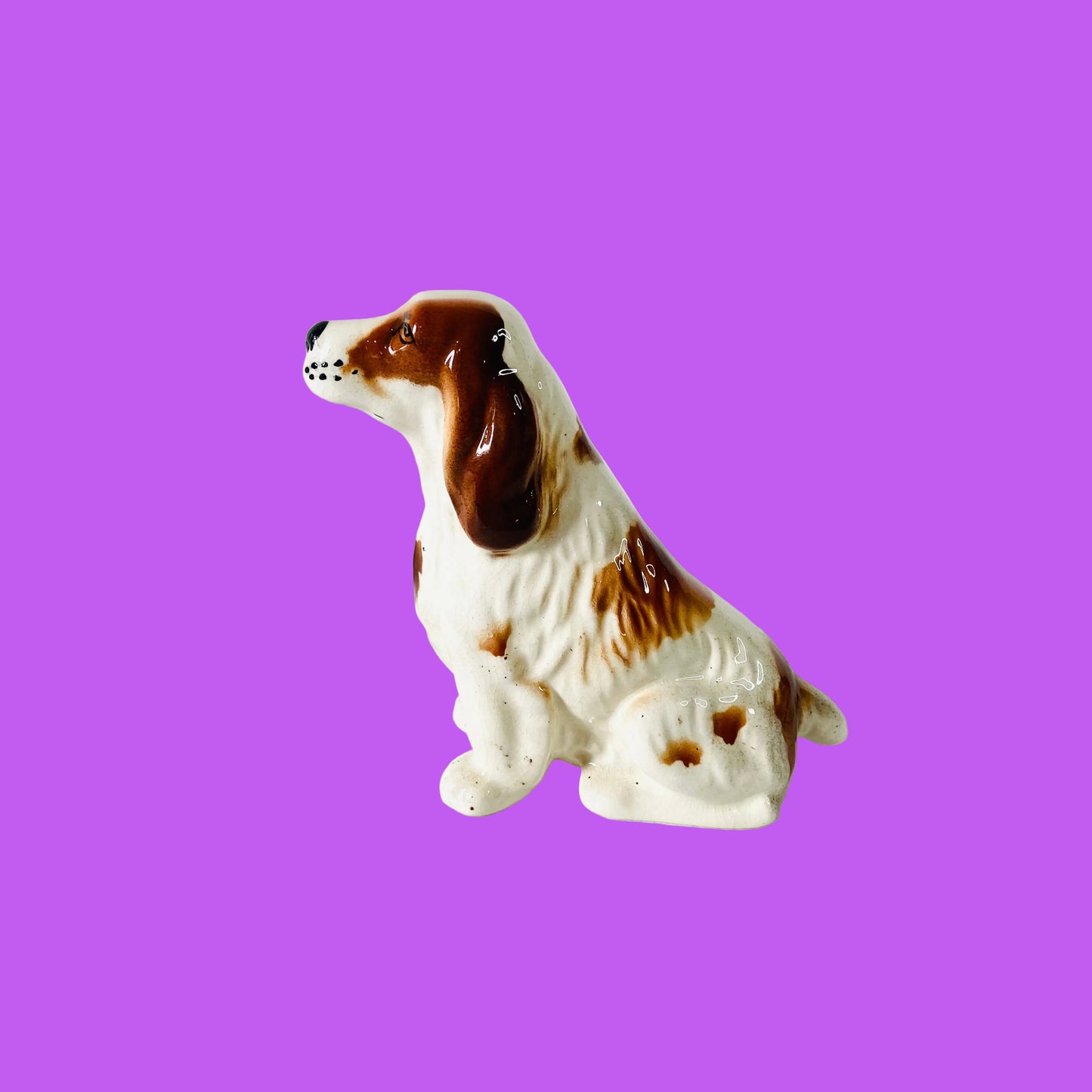 Spaniel Dog Figurine Statue Ornament | White & Brown | Vintage Bone China | 12cm