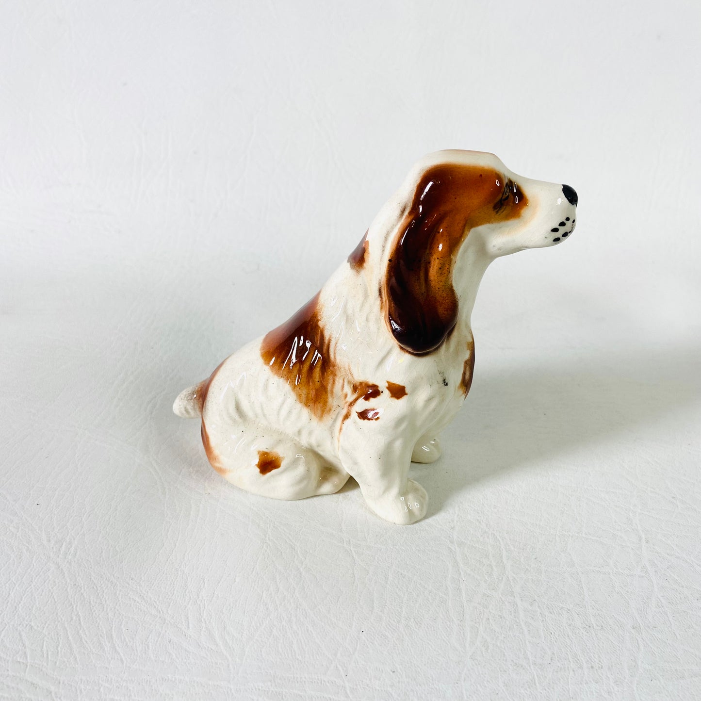 Spaniel Dog Figurine Statue Ornament | White & Brown | Vintage Bone China | 12cm