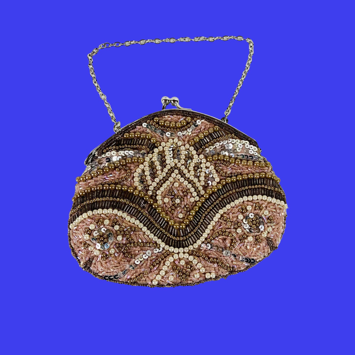 Per Una | Rose Gold | Retro Y2K | Beaded Small Evening Bag | Chain & Top Clasp Fastening