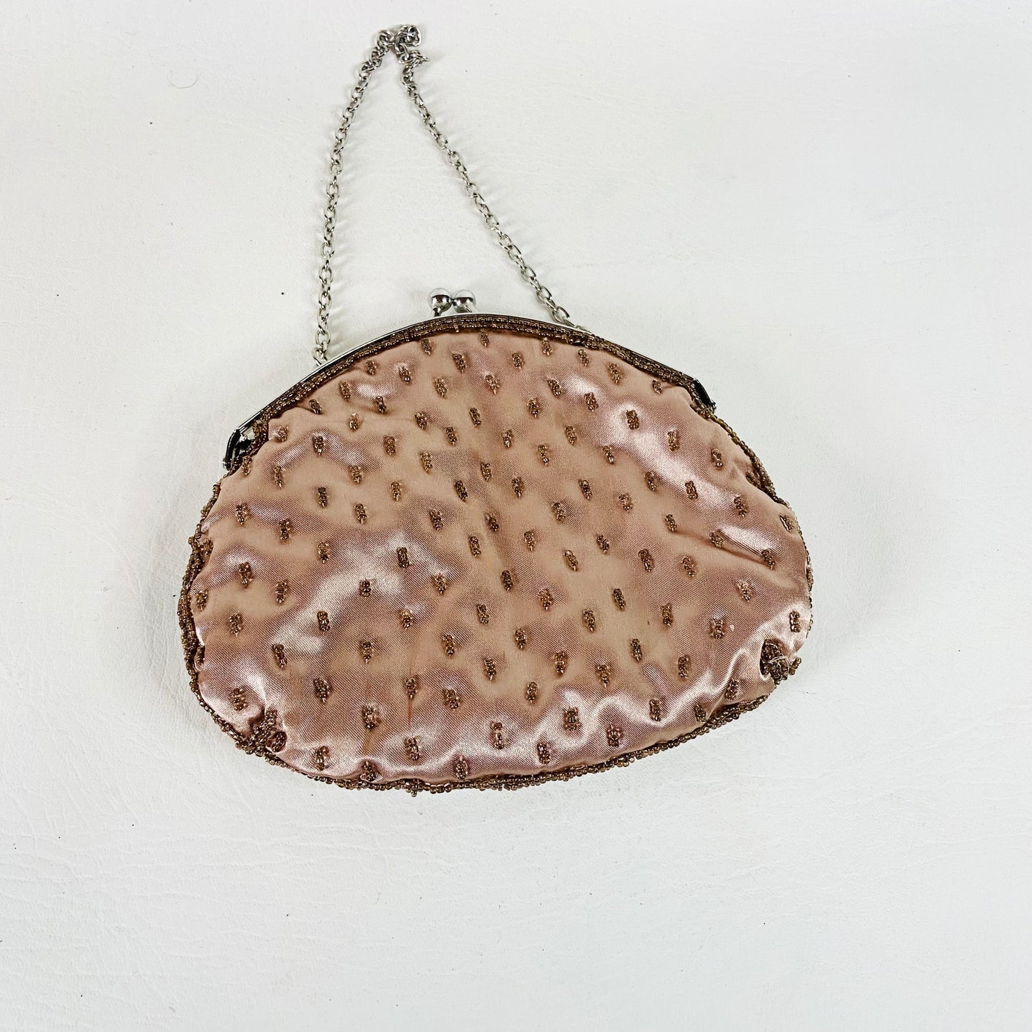 Per Una | Rose Gold | Retro Y2K | Beaded Small Evening Bag | Chain & Top Clasp Fastening