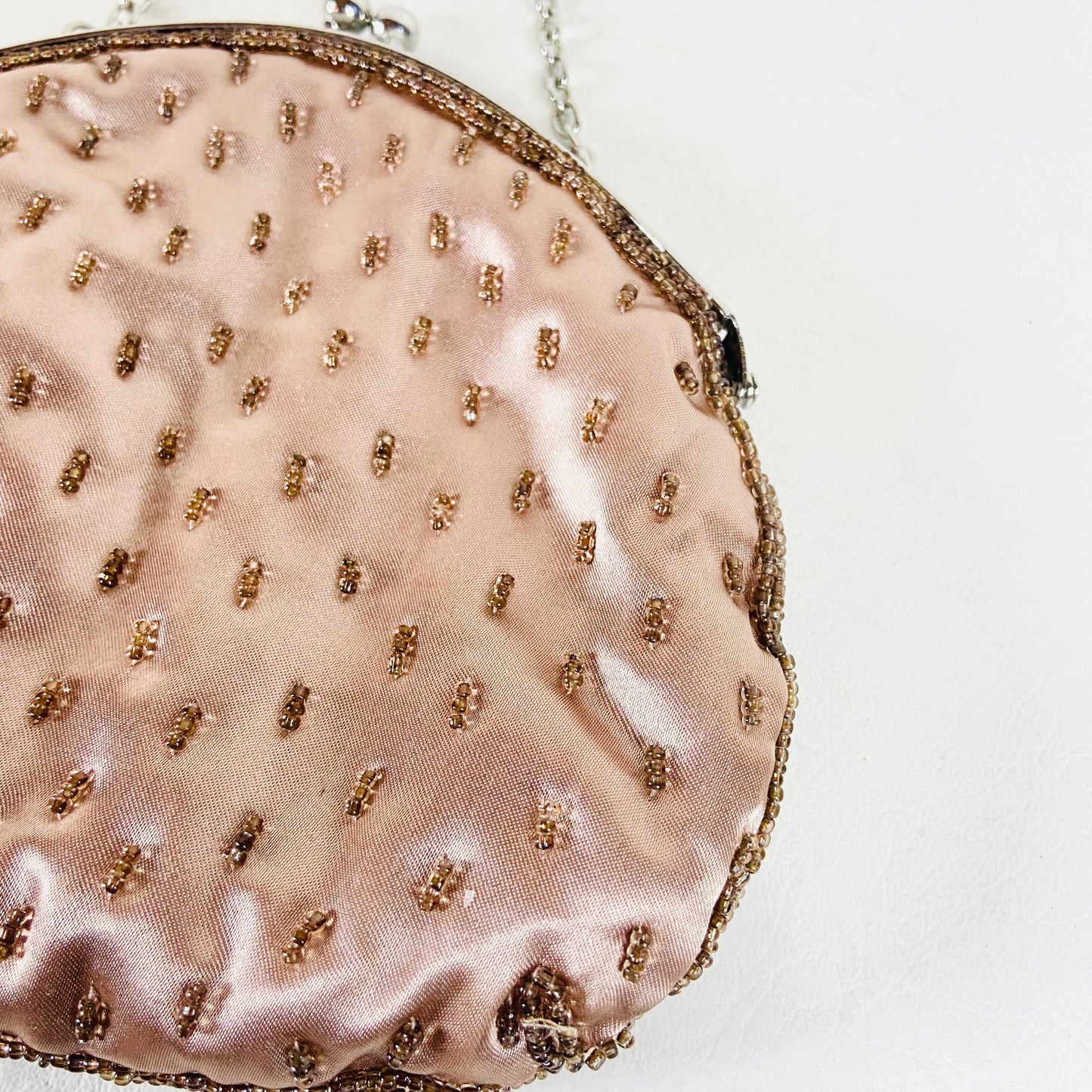 Per Una | Rose Gold | Retro Y2K | Beaded Small Evening Bag | Chain & Top Clasp Fastening