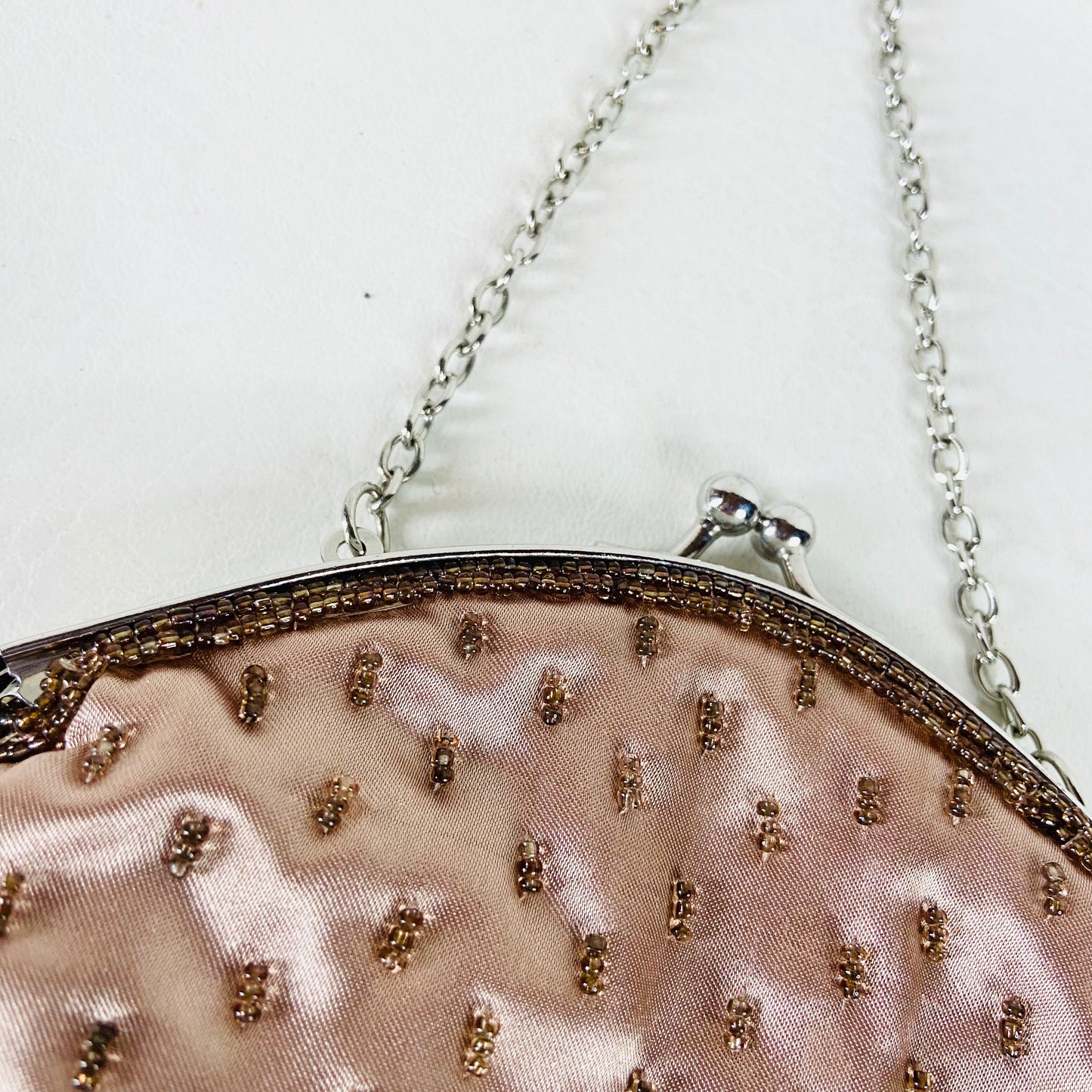 Per Una | Rose Gold | Retro Y2K | Beaded Small Evening Bag | Chain & Top Clasp Fastening