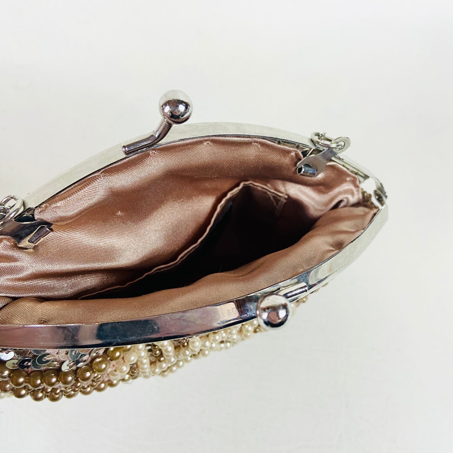 Per Una | Rose Gold | Retro Y2K | Beaded Small Evening Bag | Chain & Top Clasp Fastening