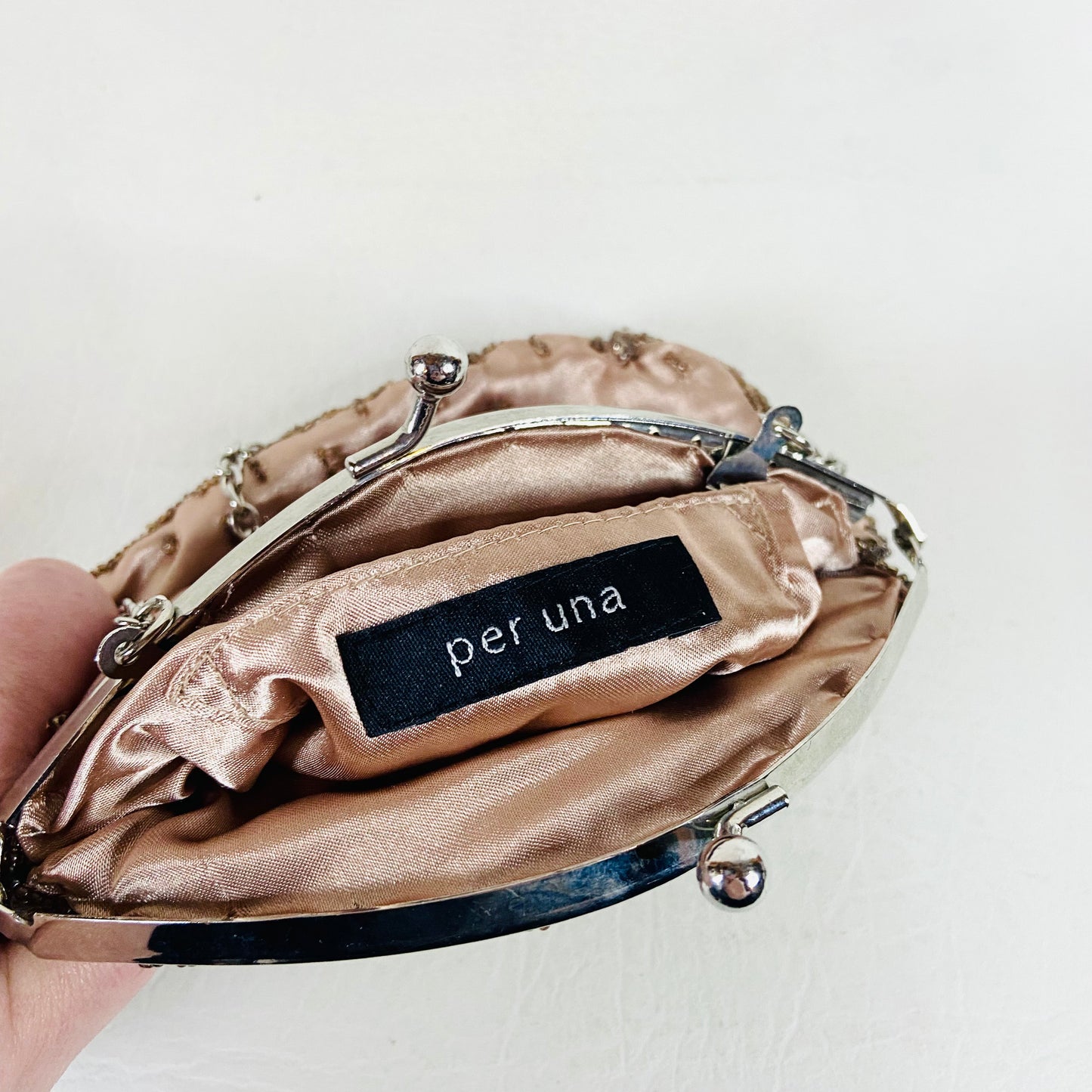 Per Una | Rose Gold | Retro Y2K | Beaded Small Evening Bag | Chain & Top Clasp Fastening