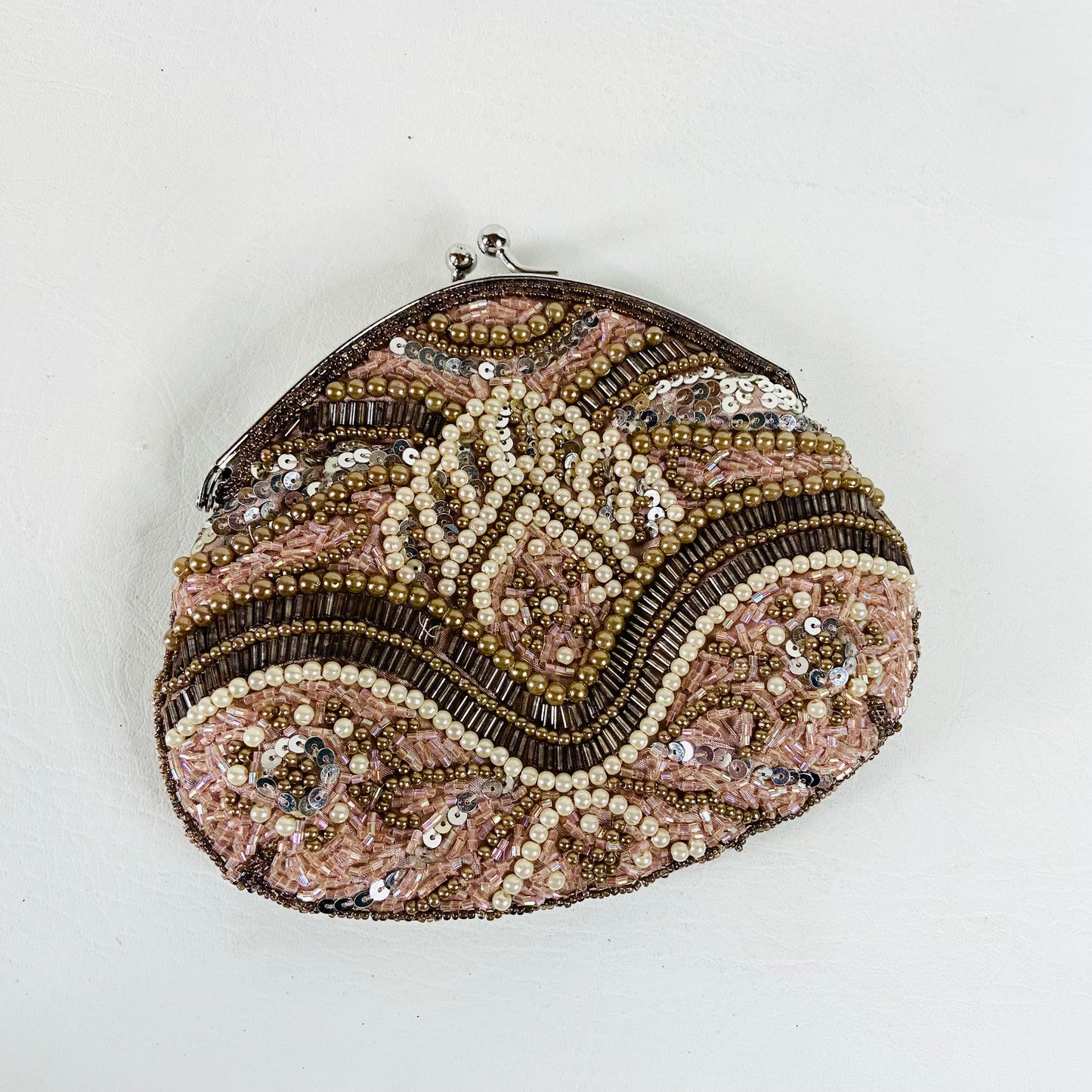Per Una | Rose Gold | Retro Y2K | Beaded Small Evening Bag | Chain & Top Clasp Fastening