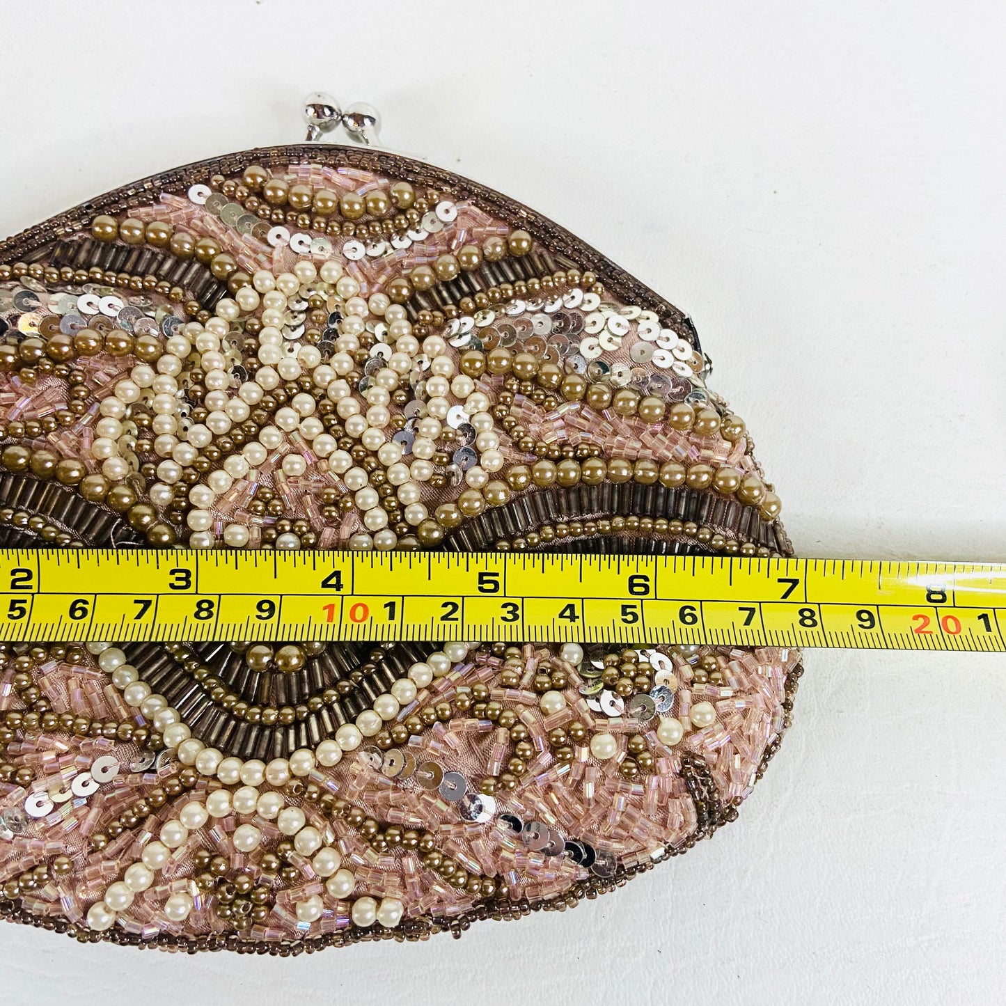 Per Una | Rose Gold | Retro Y2K | Beaded Small Evening Bag | Chain & Top Clasp Fastening