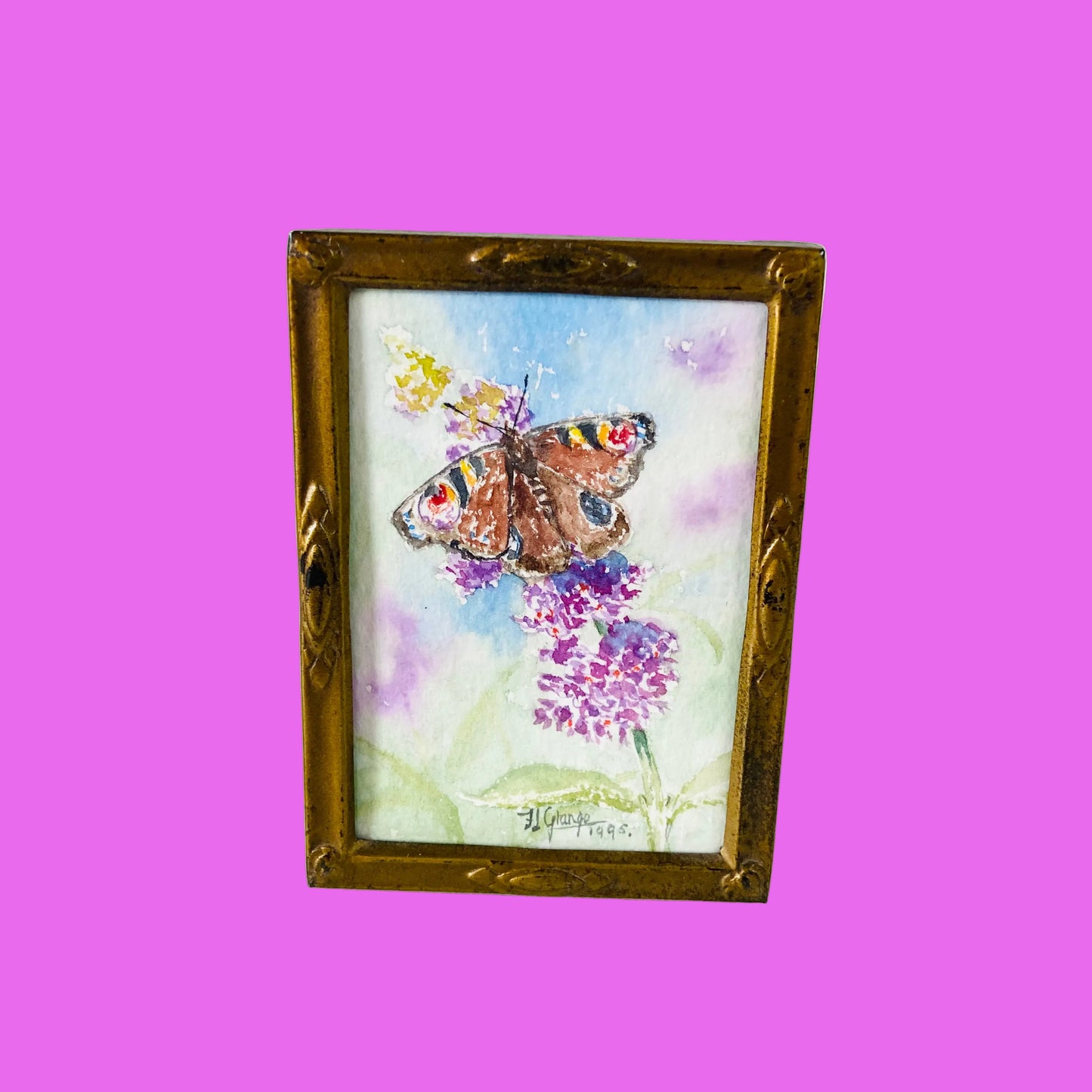 J. Grange | Miniature Watercolour Painting | Peacock Butterfly | Framed | 1995 | 9 x 6.5cm