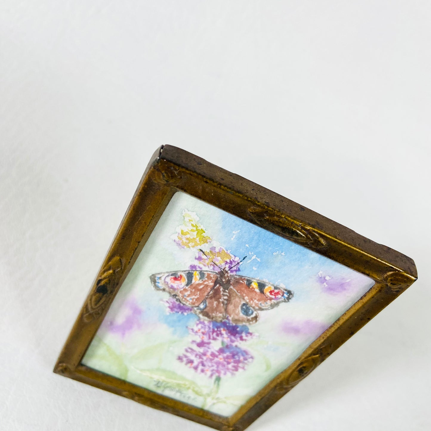 J. Grange | Miniature Watercolour Painting | Peacock Butterfly | Framed | 1995 | 9 x 6.5cm
