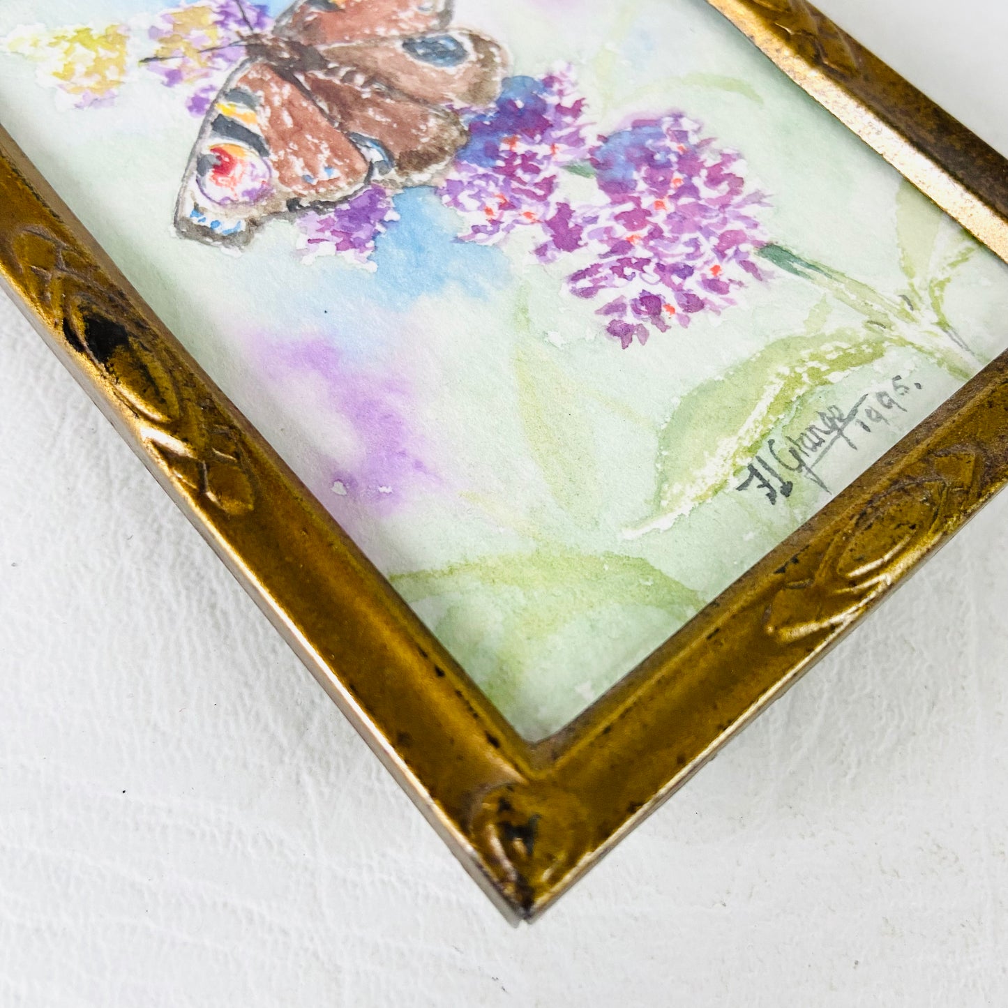 J. Grange | Miniature Watercolour Painting | Peacock Butterfly | Framed | 1995 | 9 x 6.5cm