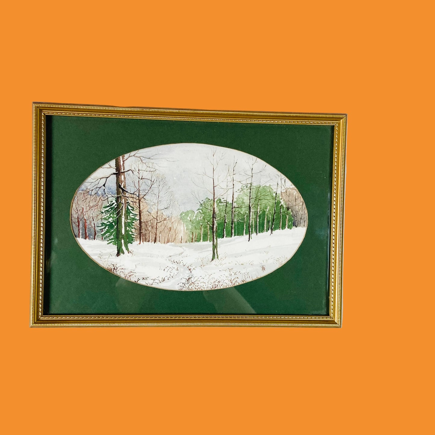 Vintage | Oval Original Watercolour Painting | Winter Wood Forest | Gold Framed | 28 x 20 cm