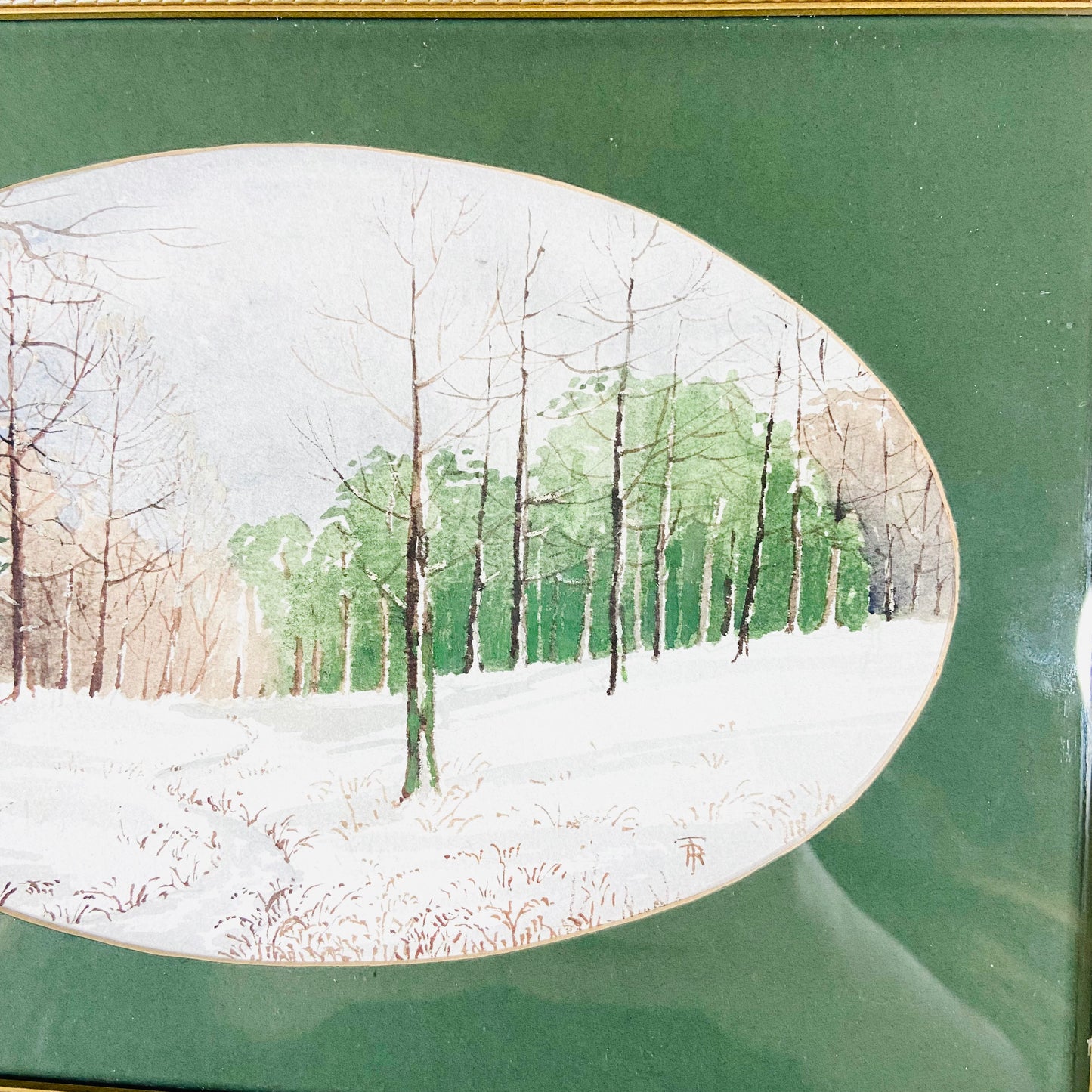 Vintage | Oval Original Watercolour Painting | Winter Wood Forest | Gold Framed | 28 x 20 cm