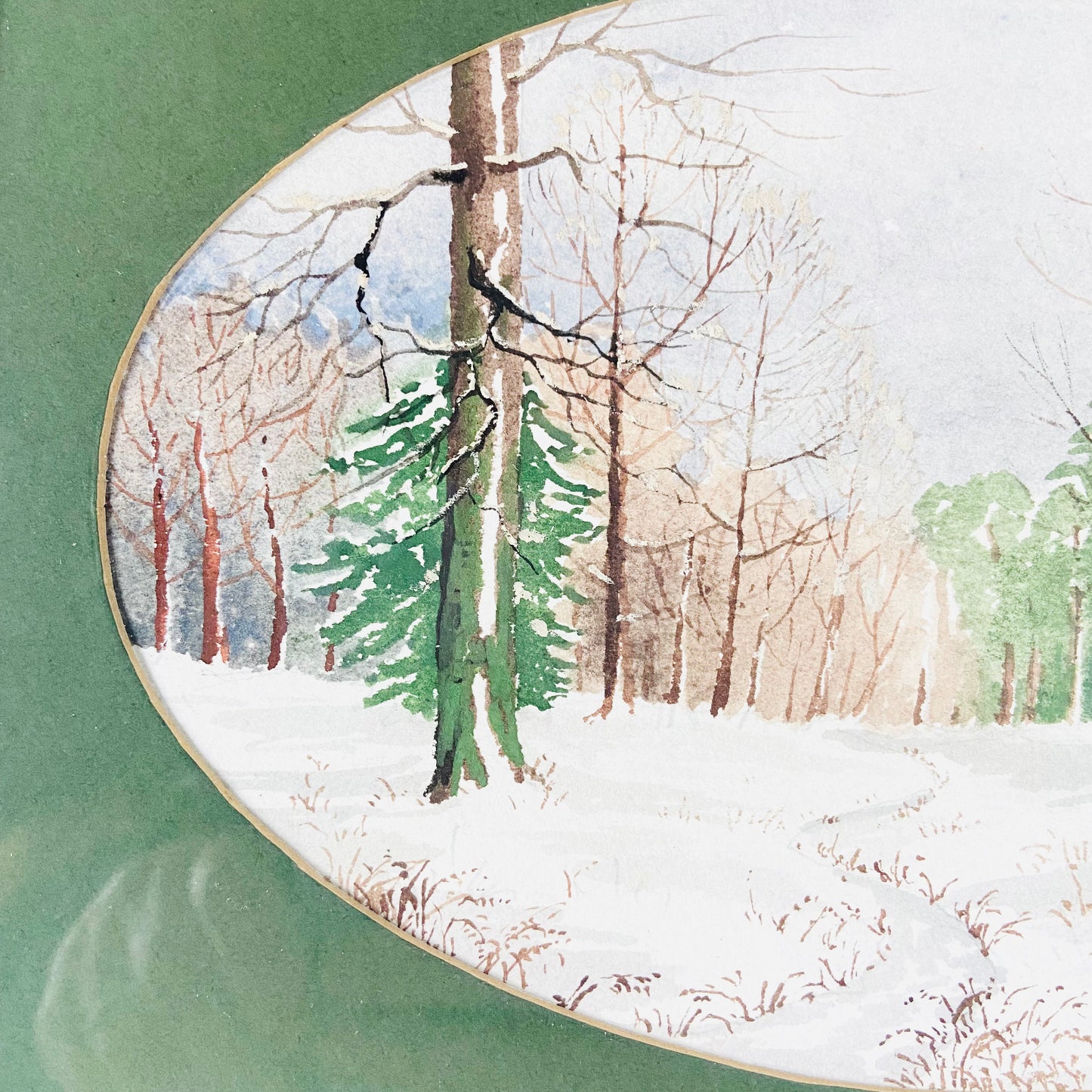 Vintage | Oval Original Watercolour Painting | Winter Wood Forest | Gold Framed | 28 x 20 cm